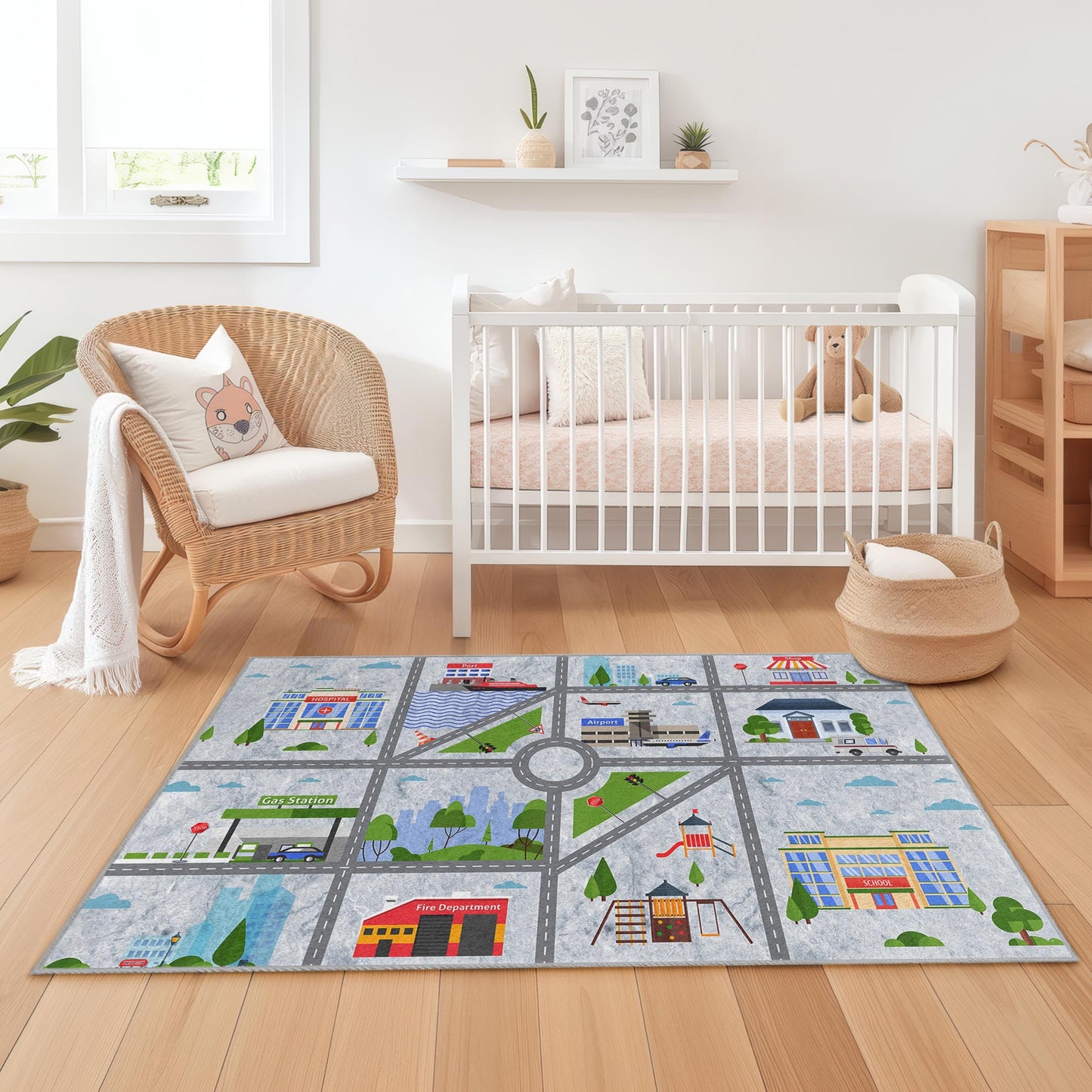 City Map Play Rug for Kids, Interactive Road Carpet, Rectangle Kids Room Decor, Soft Play Mat for Toddlers, Fun Nursery Rug