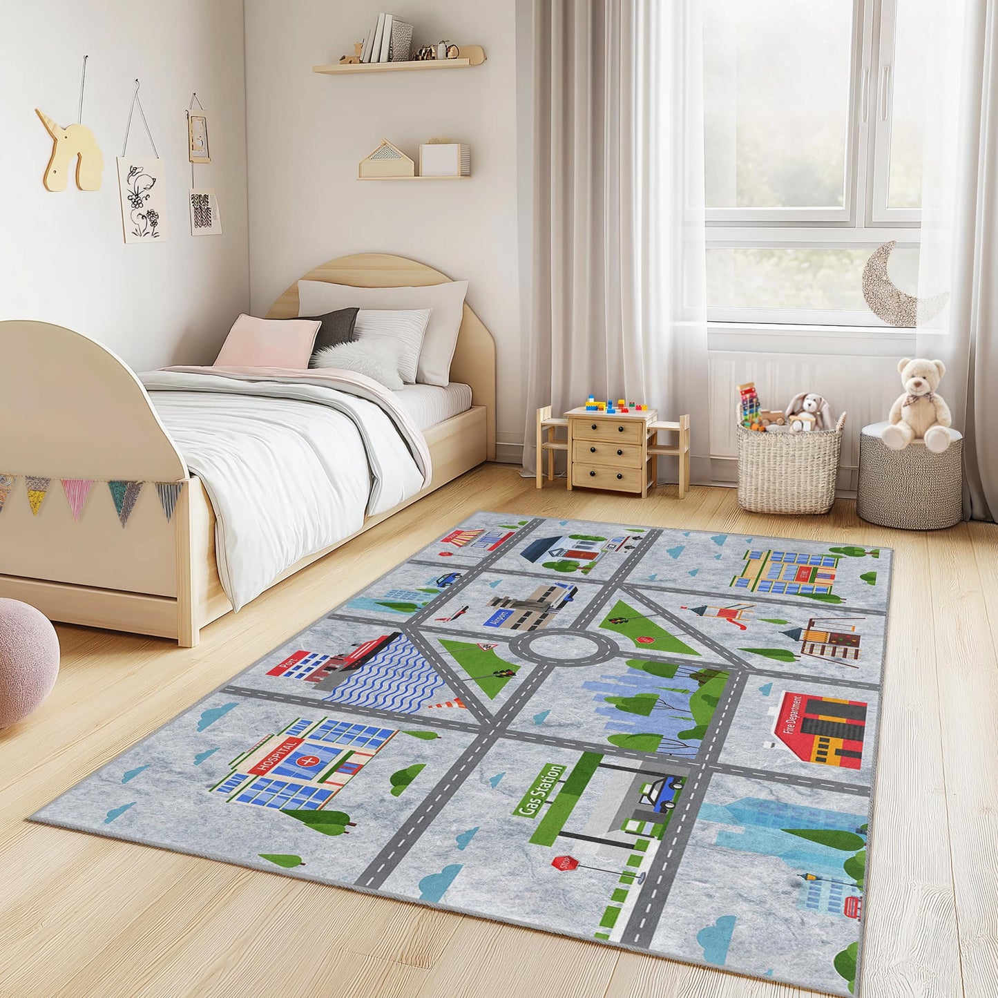 City Map Play Rug for Kids, Interactive Road Carpet, Rectangle Kids Room Decor, Soft Play Mat for Toddlers, Fun Nursery Rug