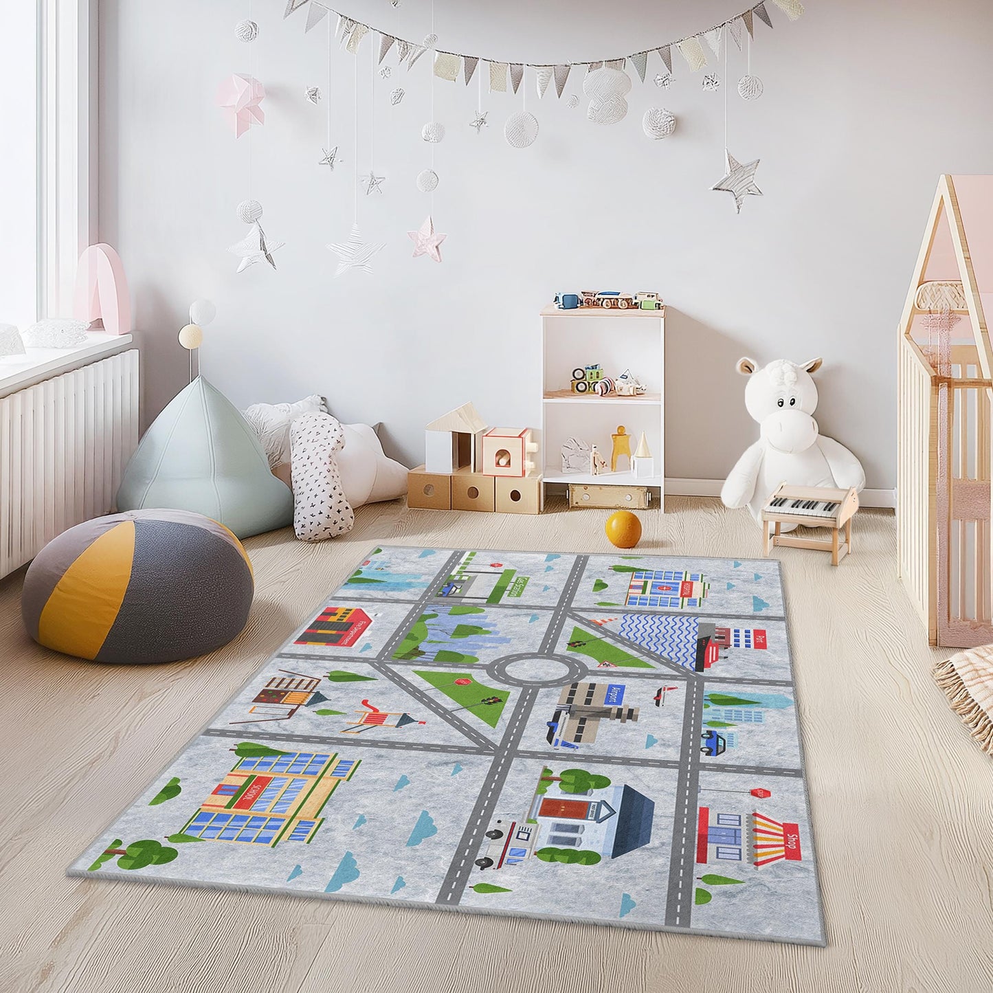 City Map Play Rug for Kids, Interactive Road Carpet, Rectangle Kids Room Decor, Soft Play Mat for Toddlers, Fun Nursery Rug