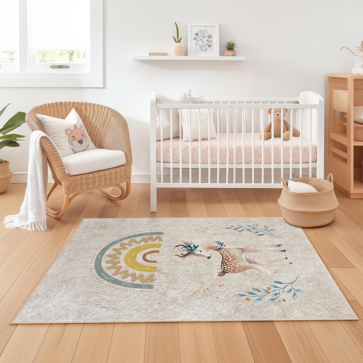 Adorable Deer and Rainbow Kids Rug, Rectangular Playroom Carpet, Nursery Decor, Soft Play Mat for Children's Room