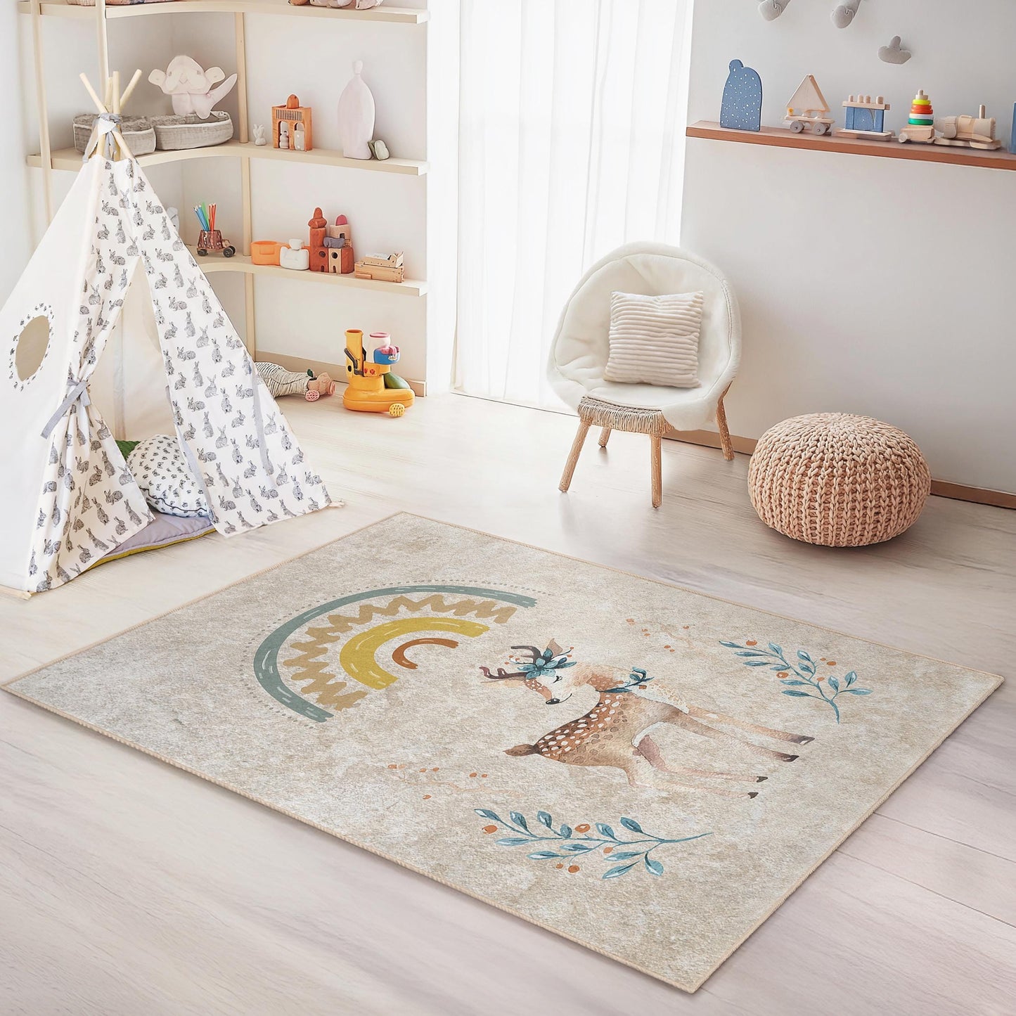 Adorable Deer and Rainbow Kids Rug, Rectangular Playroom Carpet, Nursery Decor, Soft Play Mat for Children's Room