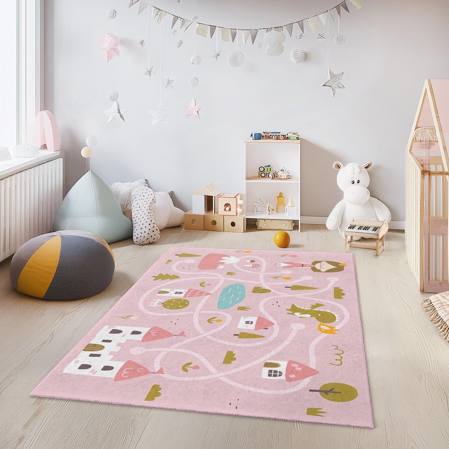 Princess Castle Adventure Kids Rug, Pink Play Mat for Girls, Rectangular Fairy Tale Rug, Kids Room Decor, Playroom Carpet