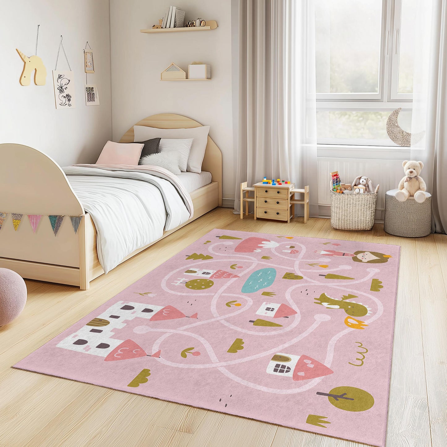 Princess Castle Adventure Kids Rug, Pink Play Mat for Girls, Rectangular Fairy Tale Rug, Kids Room Decor, Playroom Carpet