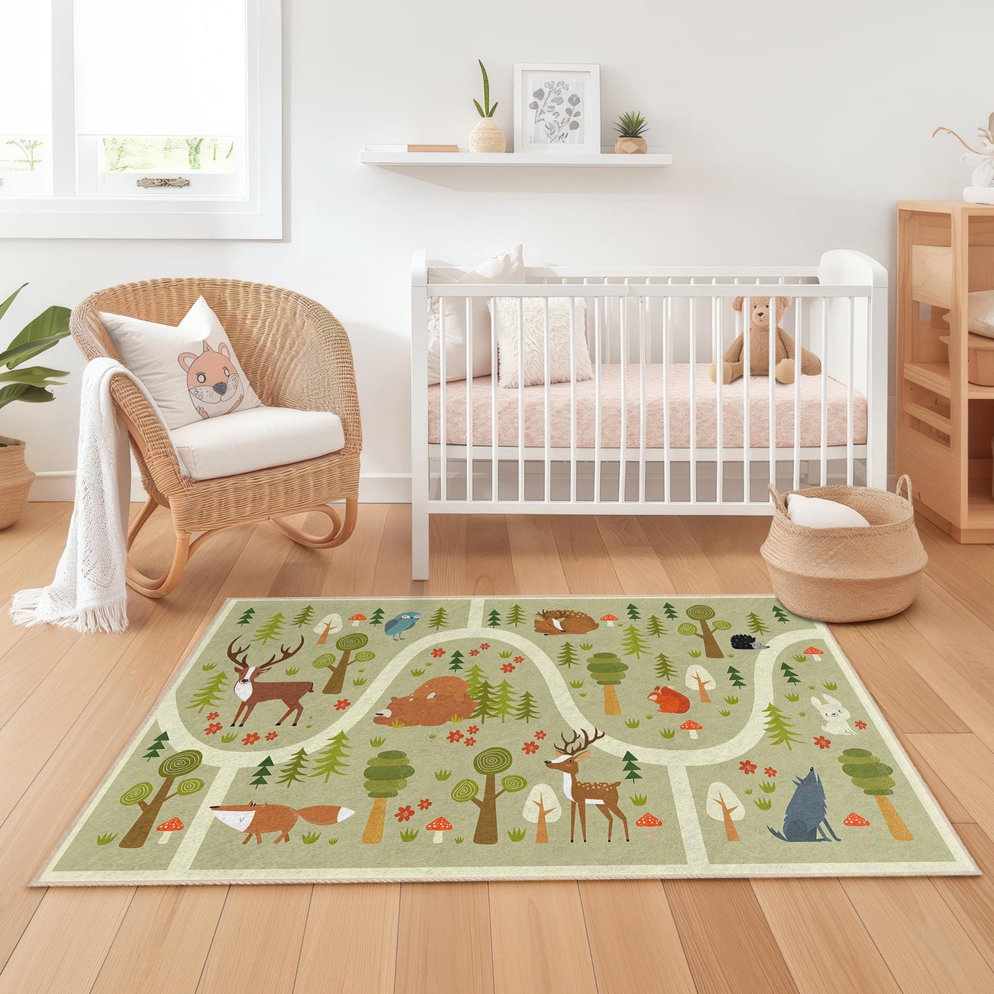 Whimsical Forest Animals Kids Play Rug, Adorable Rectangular Rug for Children's Room, Nature-Themed Kids Carpet, Playroom Decor