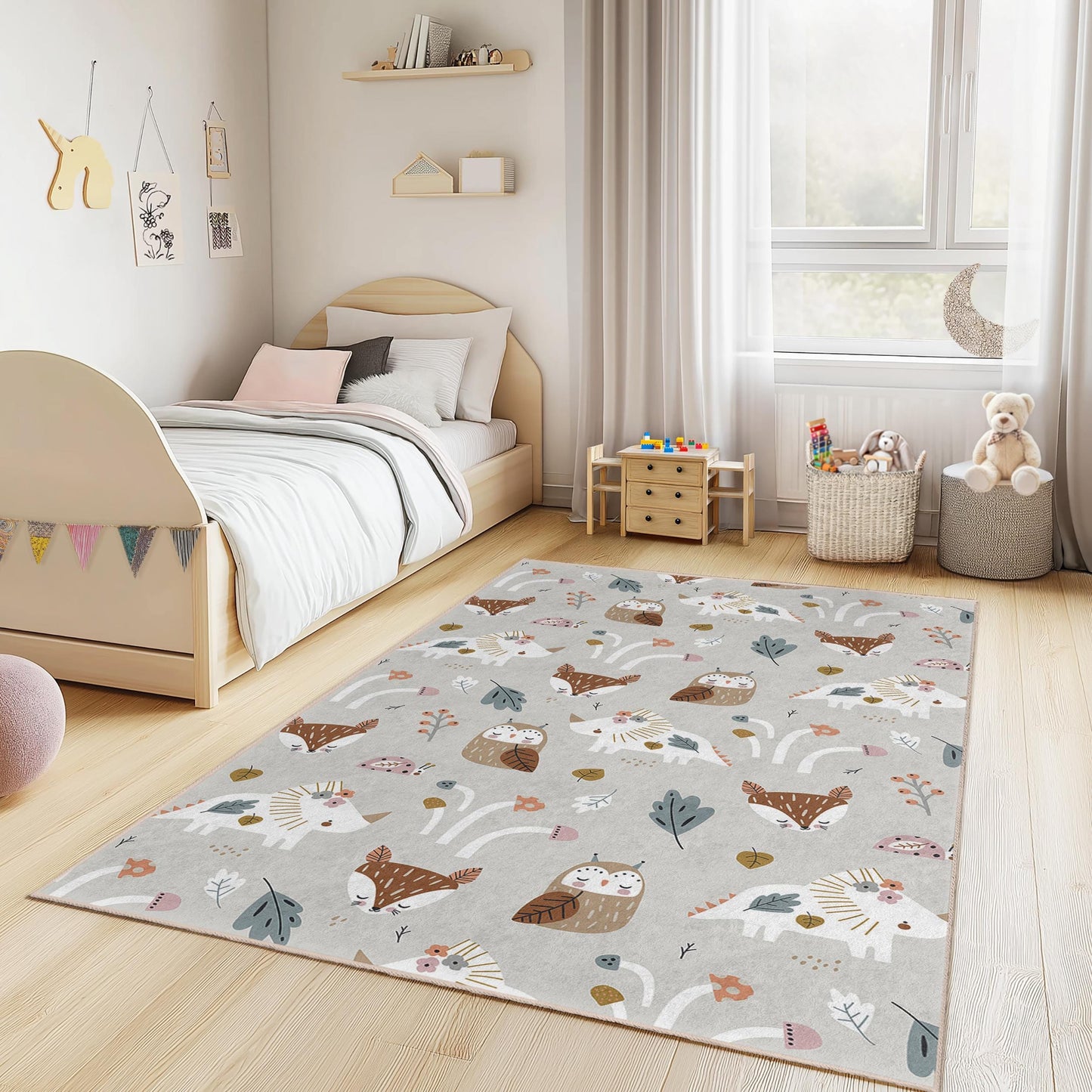 Whimsical Forest Animals Kids Rug, Rectangular Playroom Carpet, Cute Nursery Decor, Childrens Area Rug, Soft Play Mat for Kids