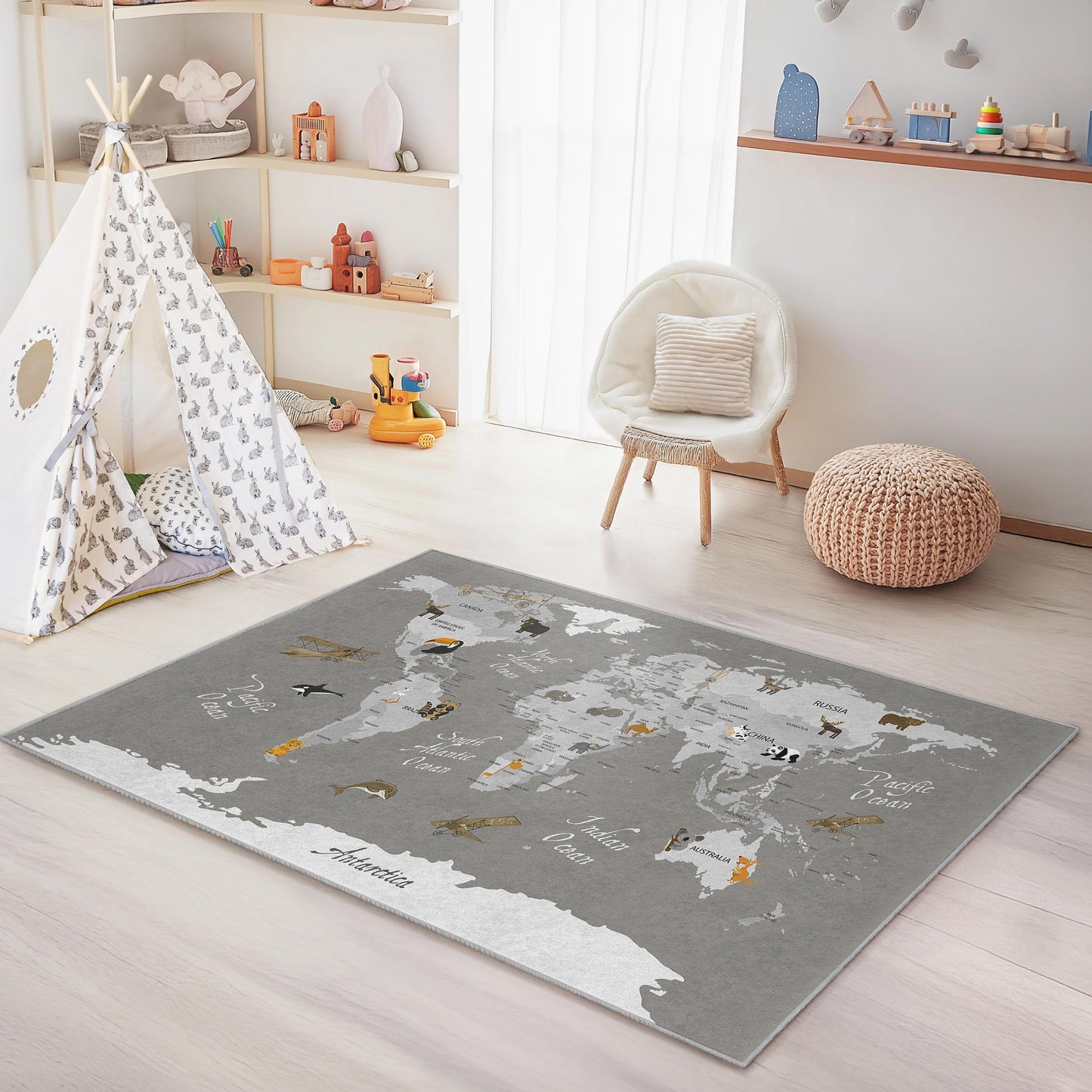 World Map Kids Rug, Educational Rectangle Play Mat, Childrens Room Carpet, Animal Theme Nursery Decor, Soft Playroom Rug