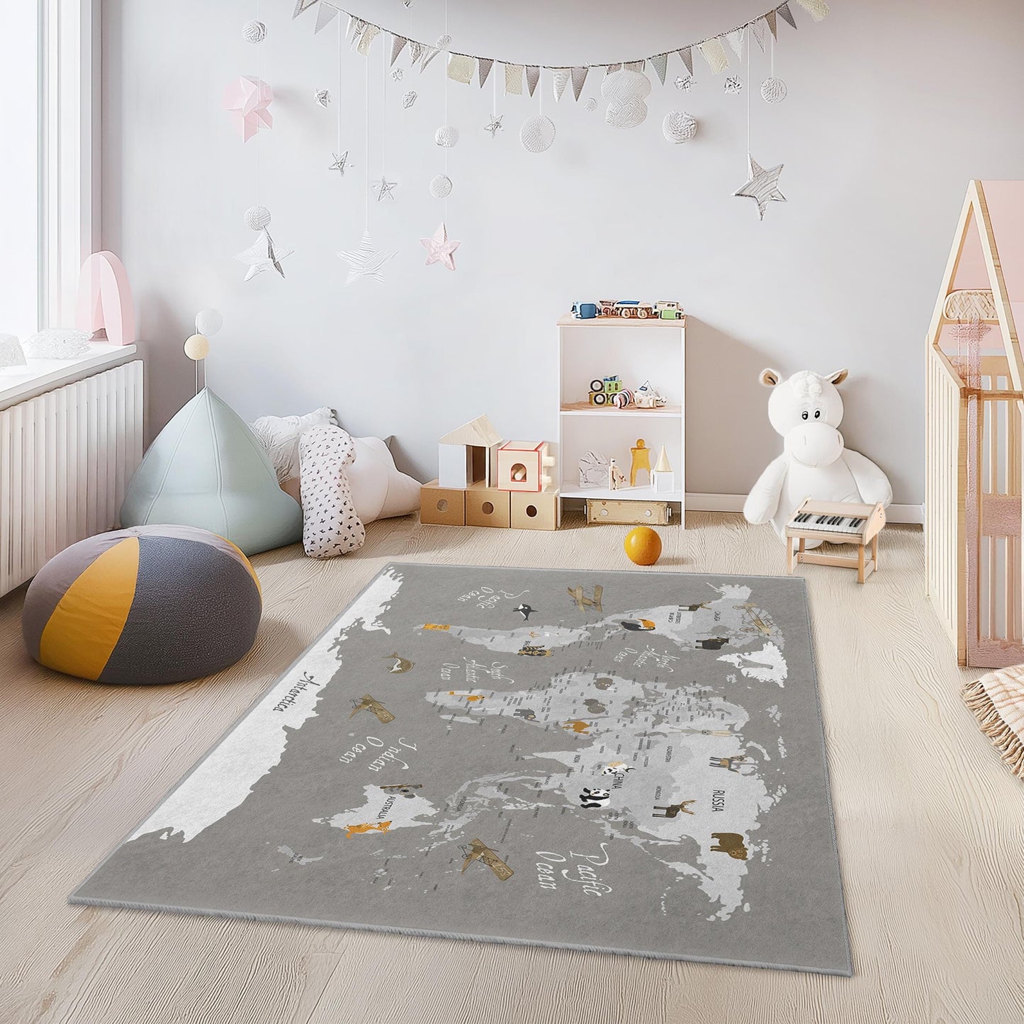 World Map Kids Rug, Educational Rectangle Play Mat, Childrens Room Carpet, Animal Theme Nursery Decor, Soft Playroom Rug