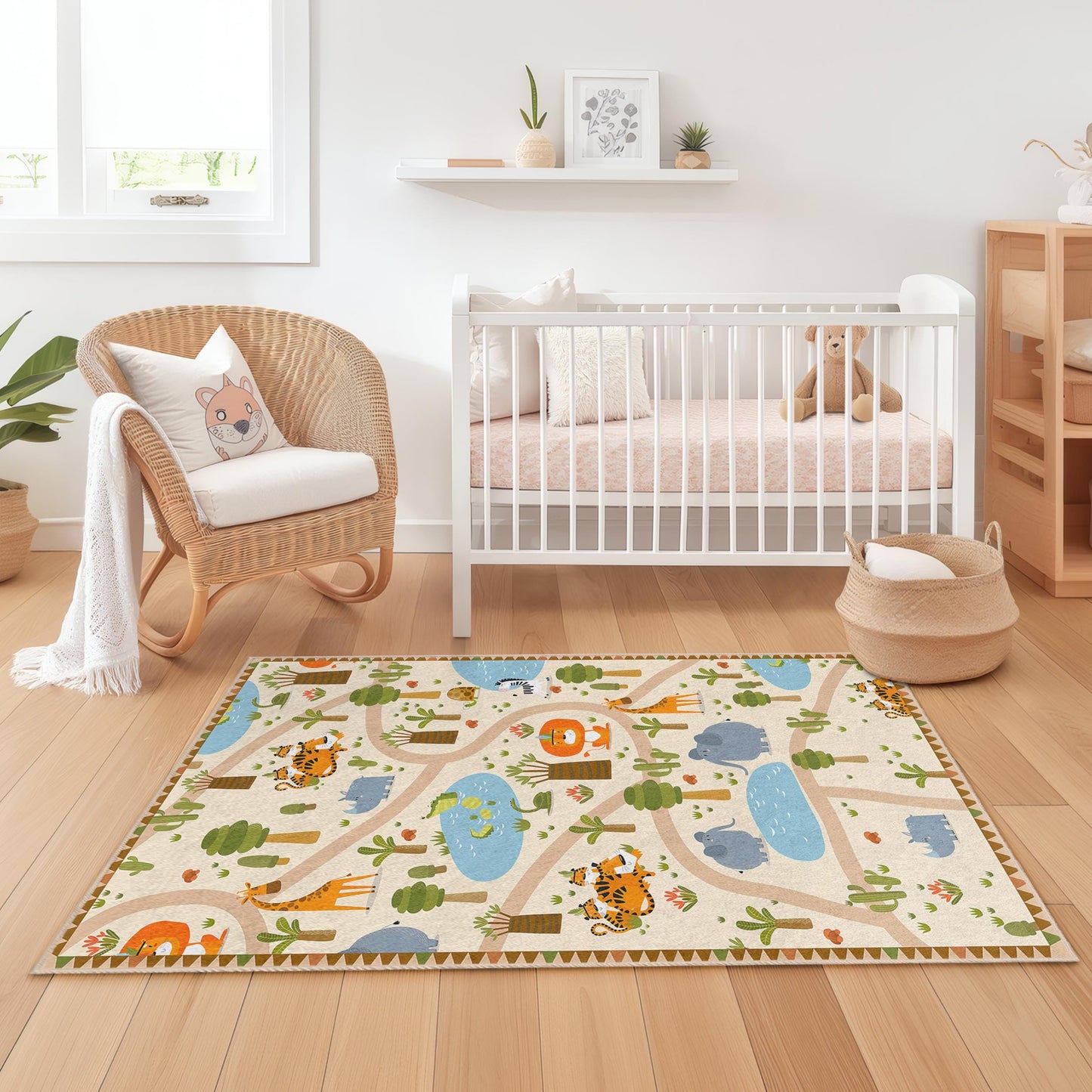 Safari Adventure Kids Play Rug, Animal Themed Kids Rug, Rectangular Play Mat, Jungle Decor for Kids Room, Soft Nursery Rug