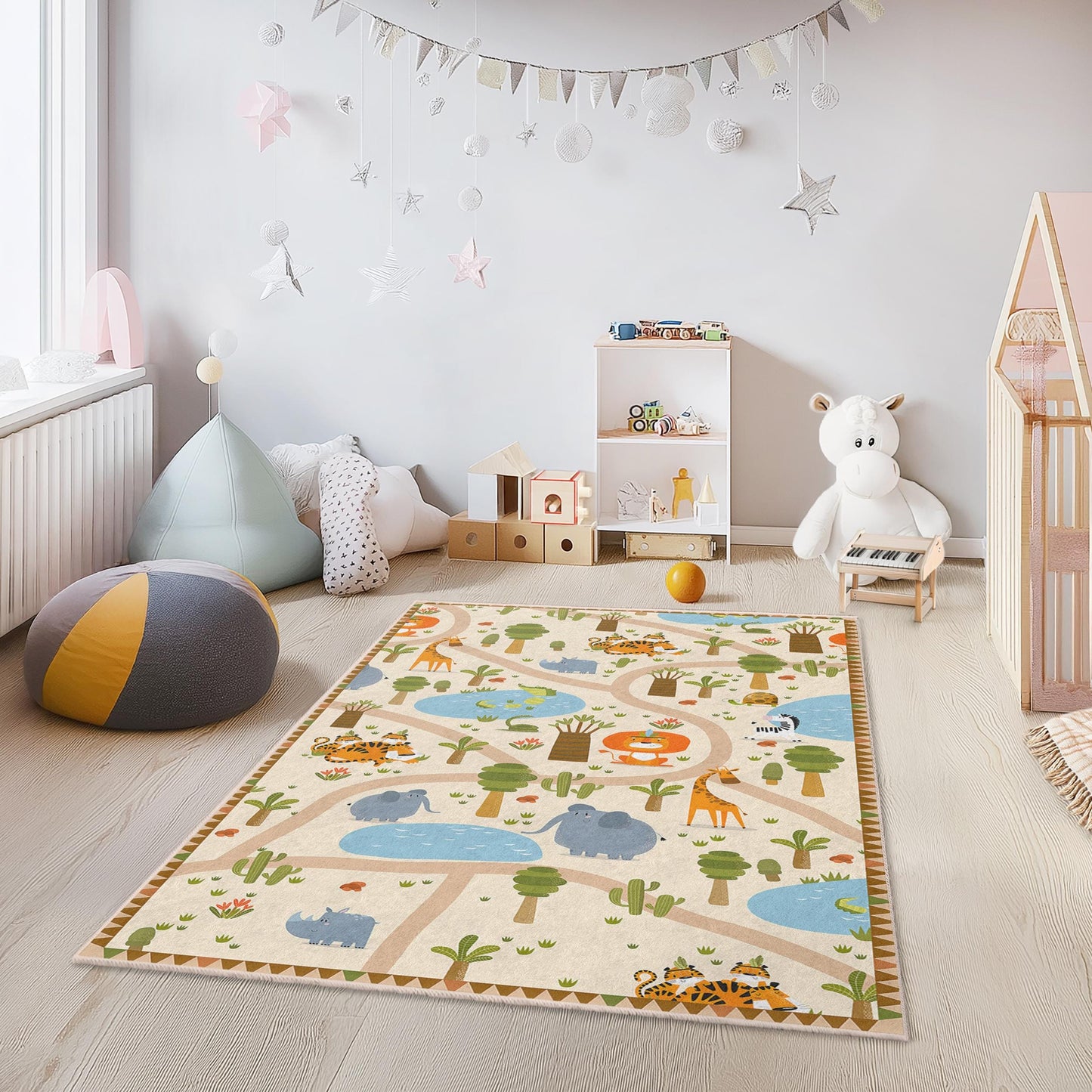 Safari Adventure Kids Play Rug, Animal Themed Kids Rug, Rectangular Play Mat, Jungle Decor for Kids Room, Soft Nursery Rug