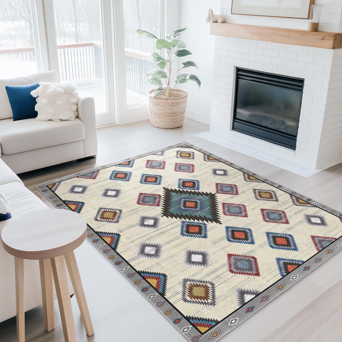 Geometric Diamond Pattern Rectangular Area Rug | Colorful Bohemian Carpet for Living Room | Soft Washable Floor Mat