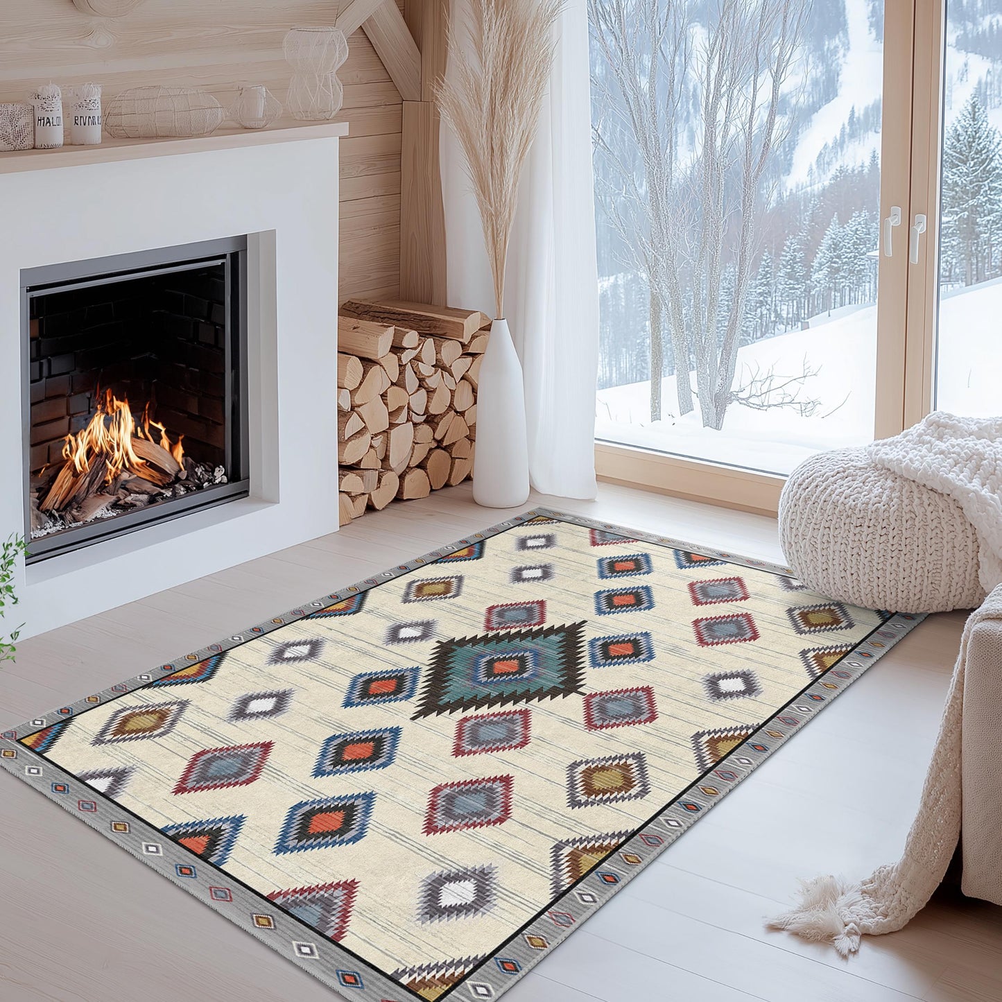 Geometric Diamond Pattern Rectangular Area Rug | Colorful Bohemian Carpet for Living Room | Soft Washable Floor Mat