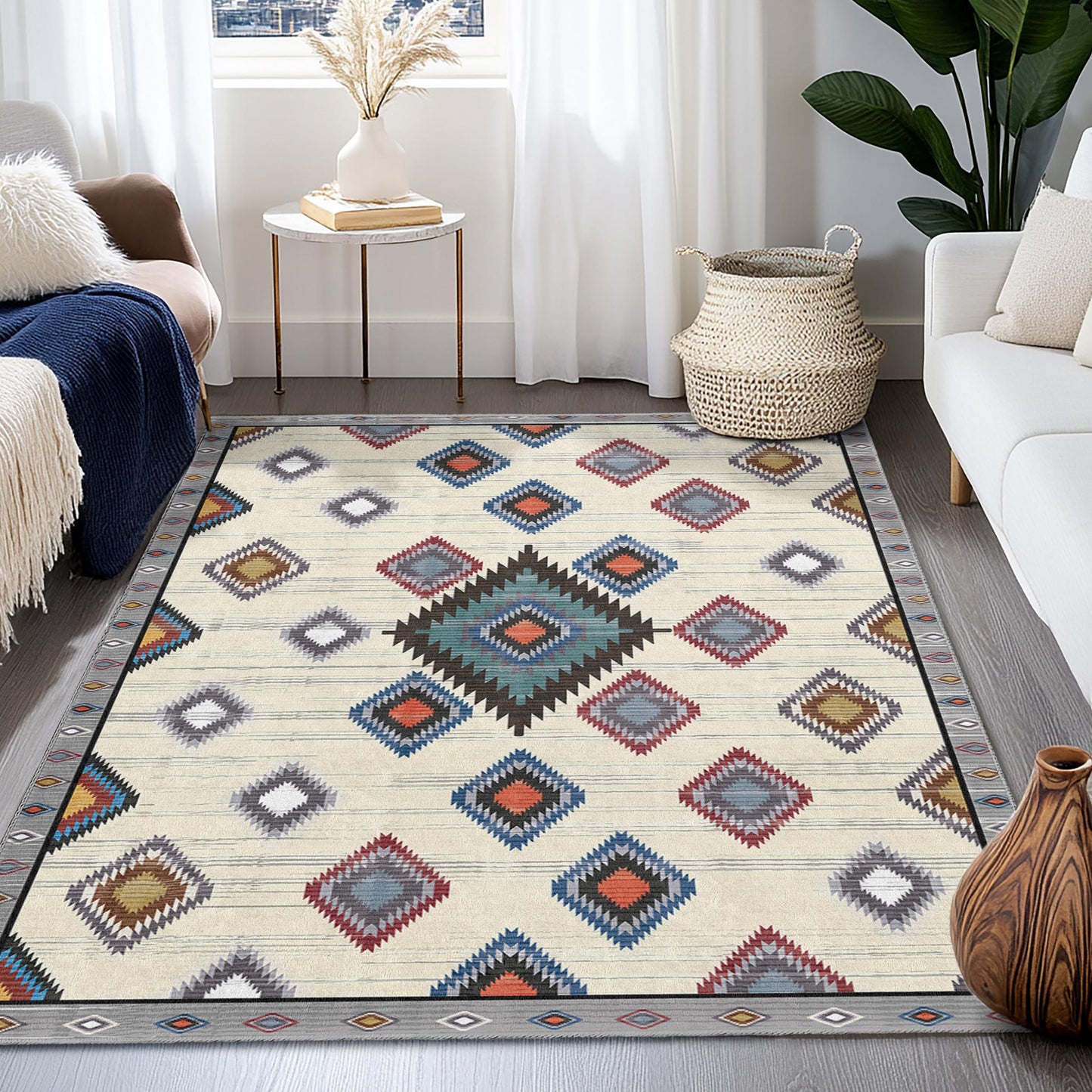 Geometric Diamond Pattern Rectangular Area Rug | Colorful Bohemian Carpet for Living Room | Soft Washable Floor Mat