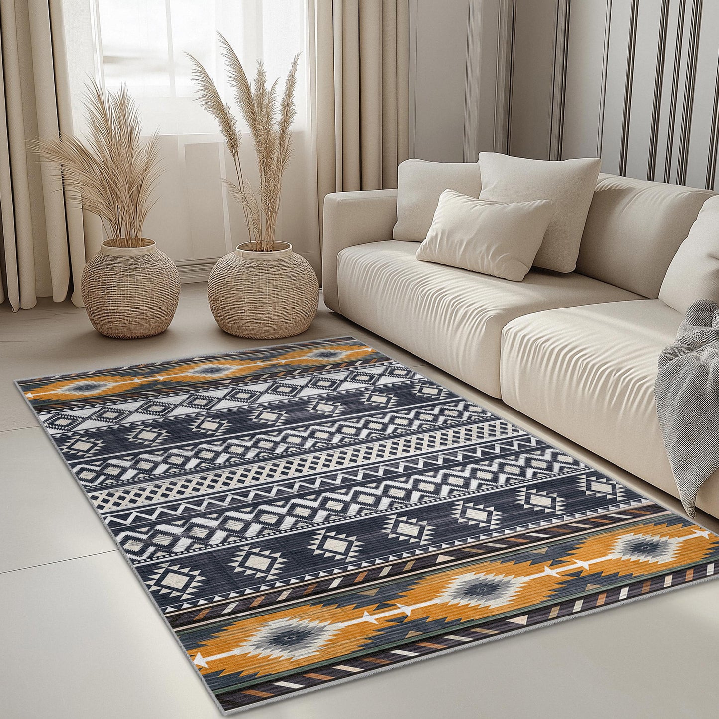 Geometric Patterned Rectangular Area Rug | Modern Boho Chic Carpet for Living Room | Stylish Decorative Floor Mat
