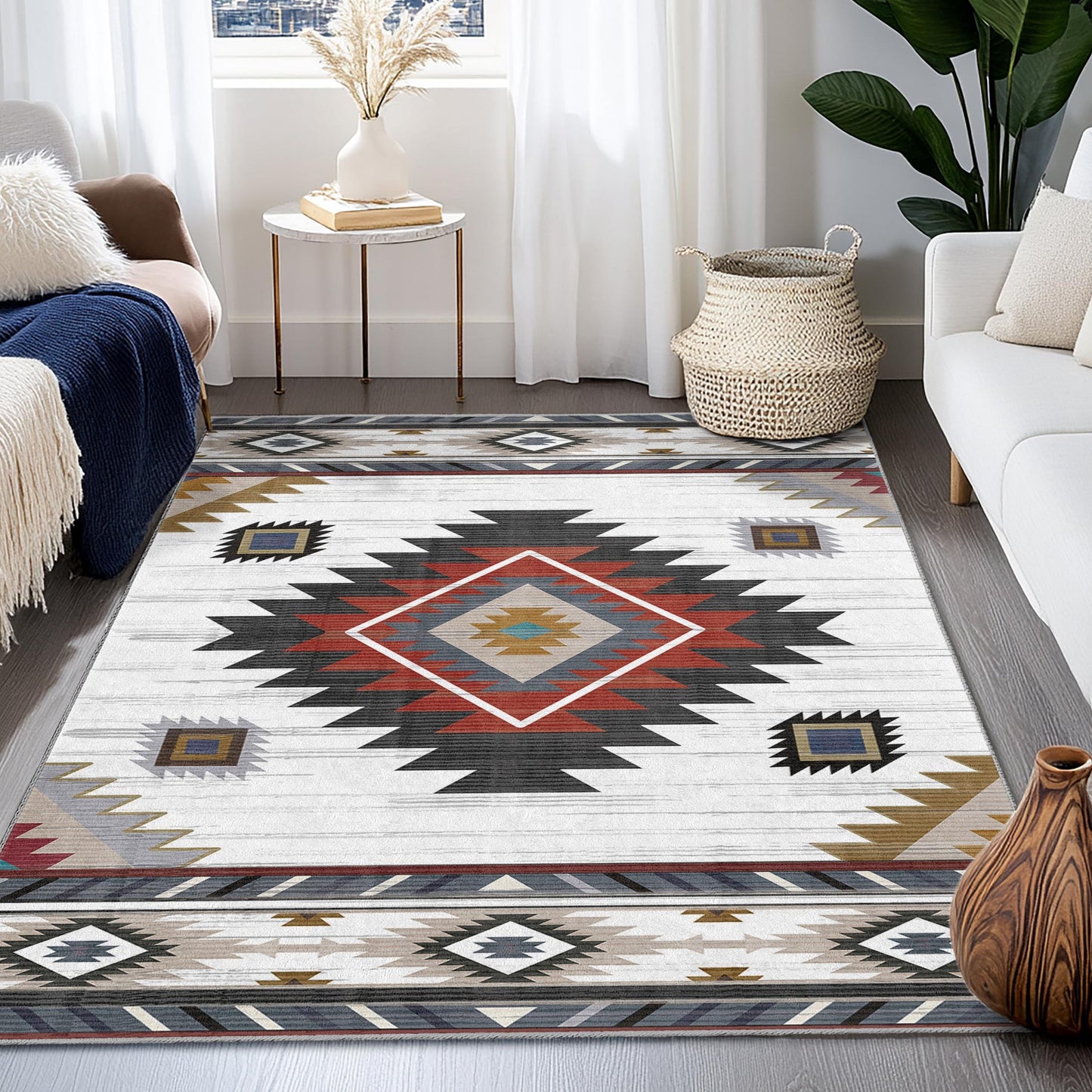 Stylish Geometric Pattern Rectangular Area Rug | Modern Bohemian Home Decor | Soft Cotton Carpet for Living Room