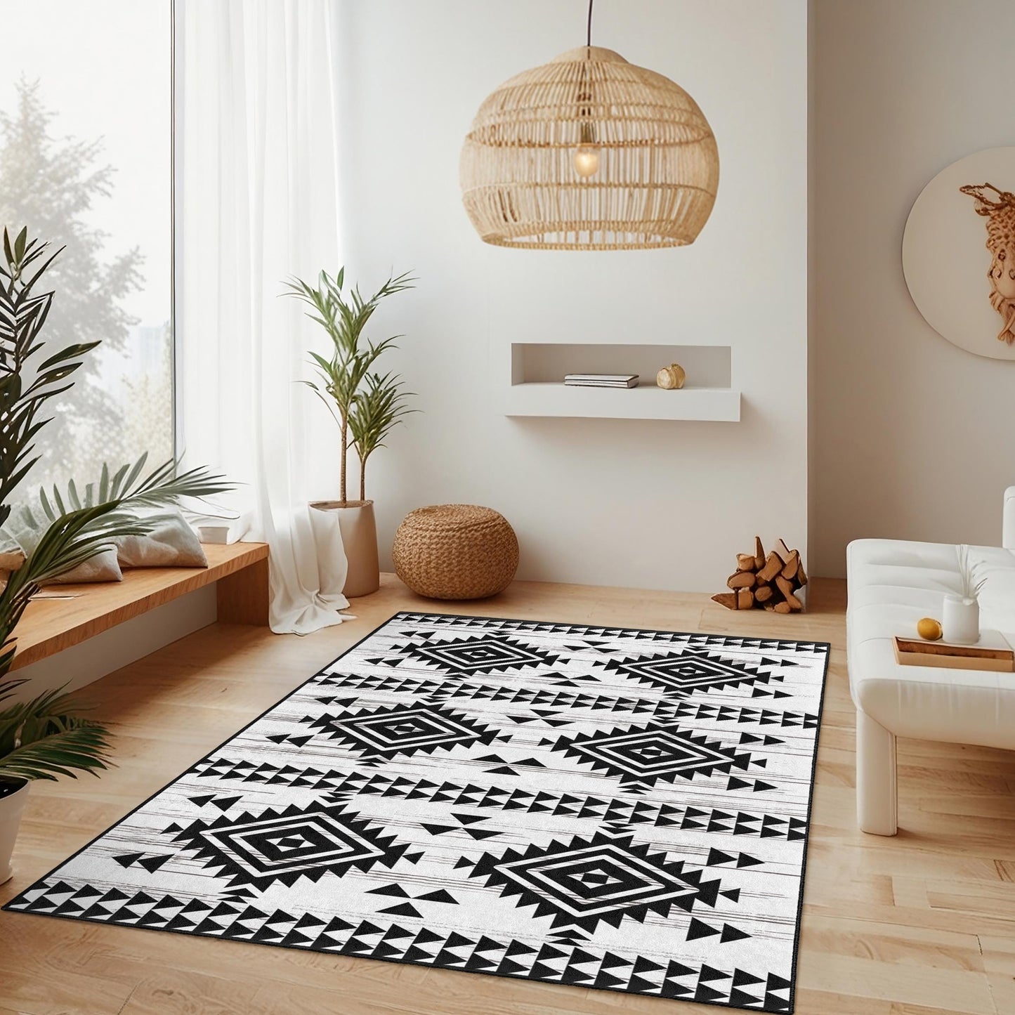 Durable Geometric Area Rug | Geometric Patterned Washable Rectangle Rug | Modern Black and White Carpet | Stylish Home Decor