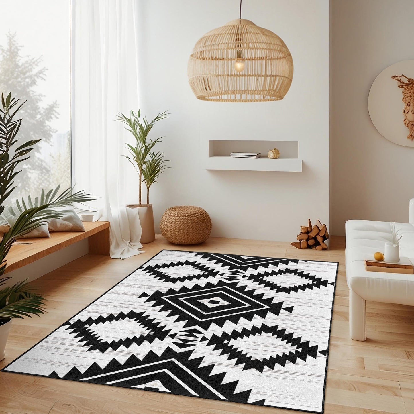 Geometric Black and White Rectangular Area Rug | Modern Tribal Pattern Carpet | Stylish Home Decor | Soft Cotton Floor Mat