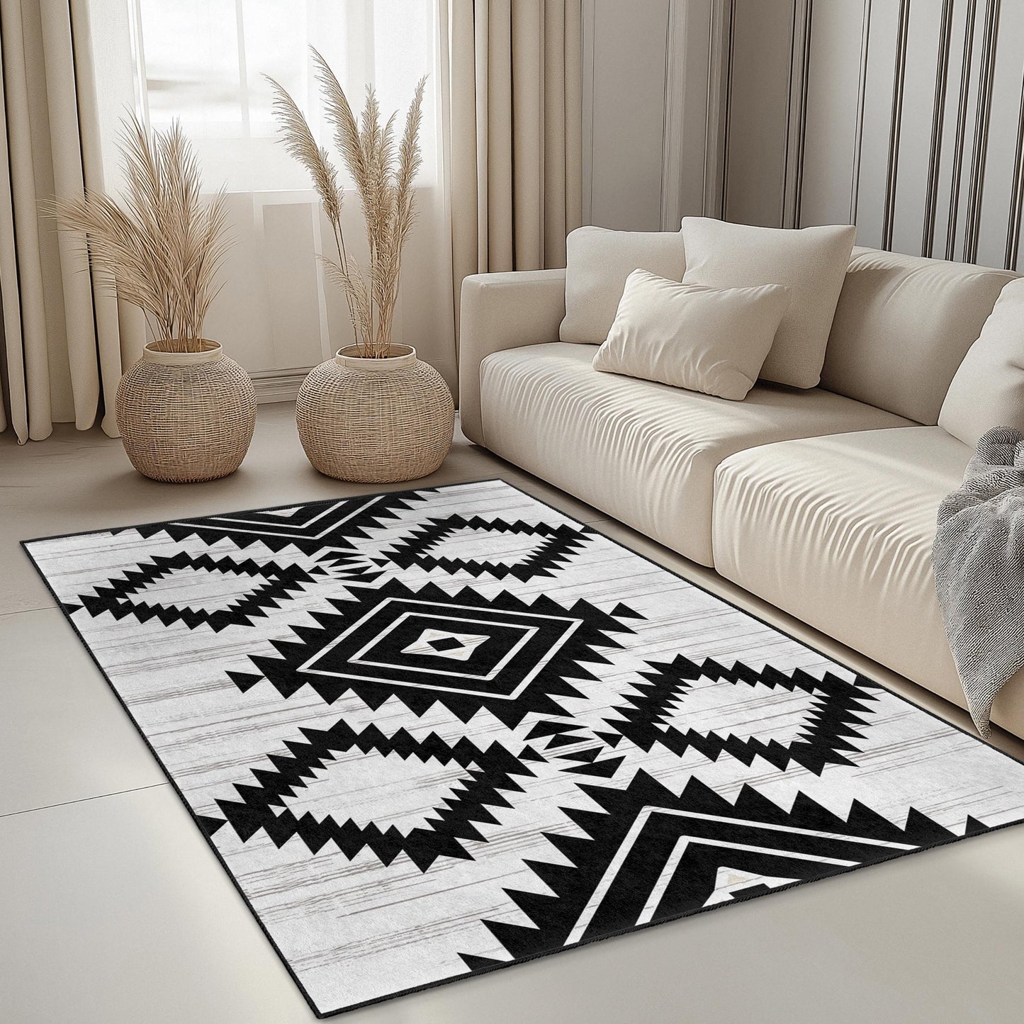 Geometric Black and White Rectangular Area Rug | Modern Tribal Pattern Carpet | Stylish Home Decor | Soft Cotton Floor Mat