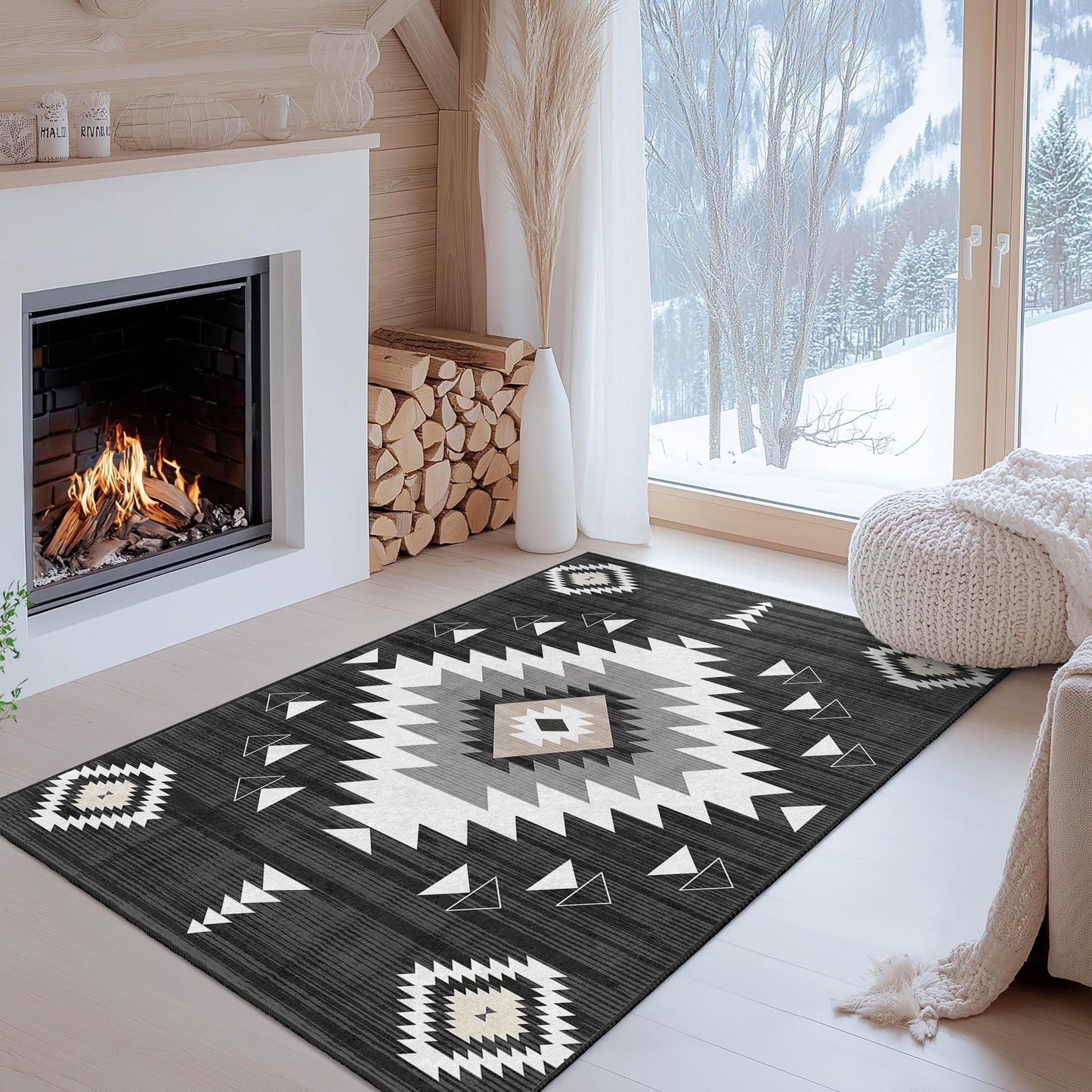 Geometric Patterned Washable Rectangular Area Rug | Modern Black and White Carpet | Stylish Living Room Mat | Boho Chic Home Decor