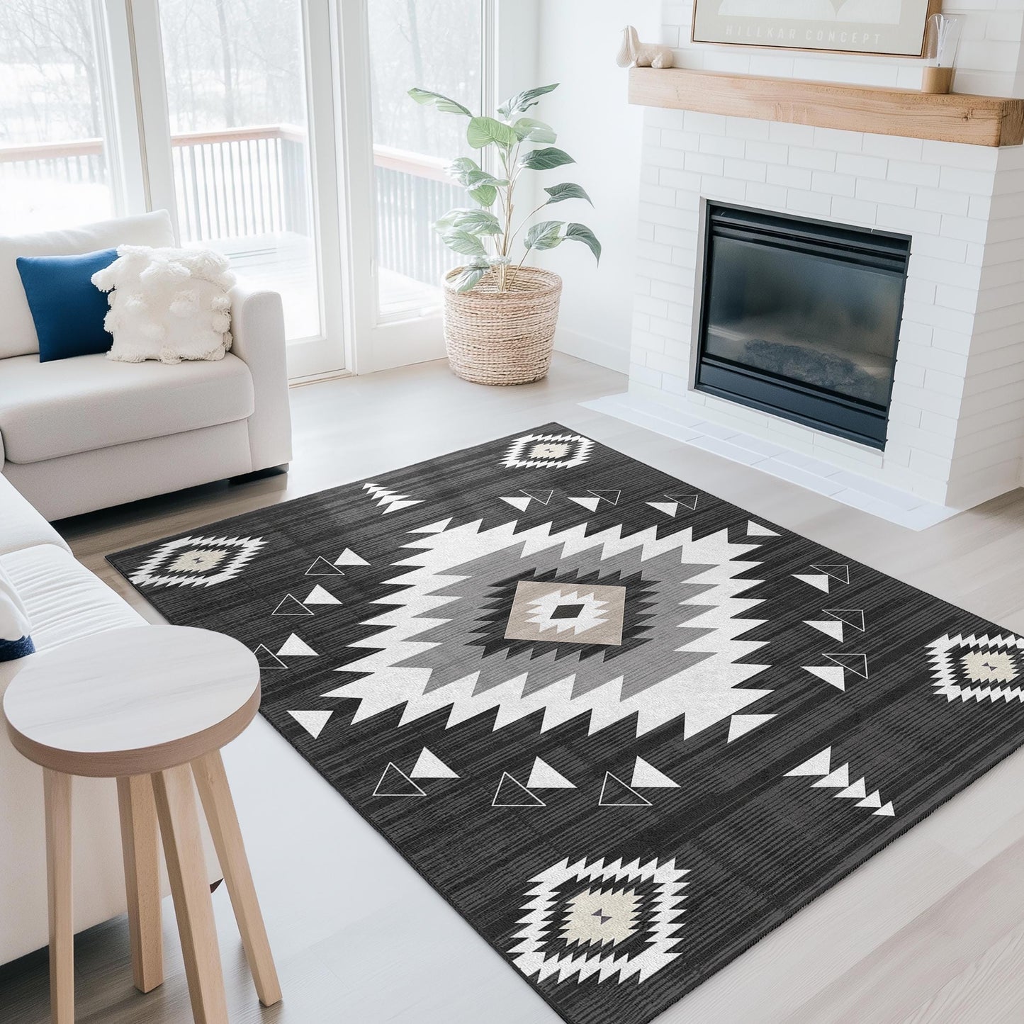 Geometric Patterned Washable Rectangular Area Rug | Modern Black and White Carpet | Stylish Living Room Mat | Boho Chic Home Decor