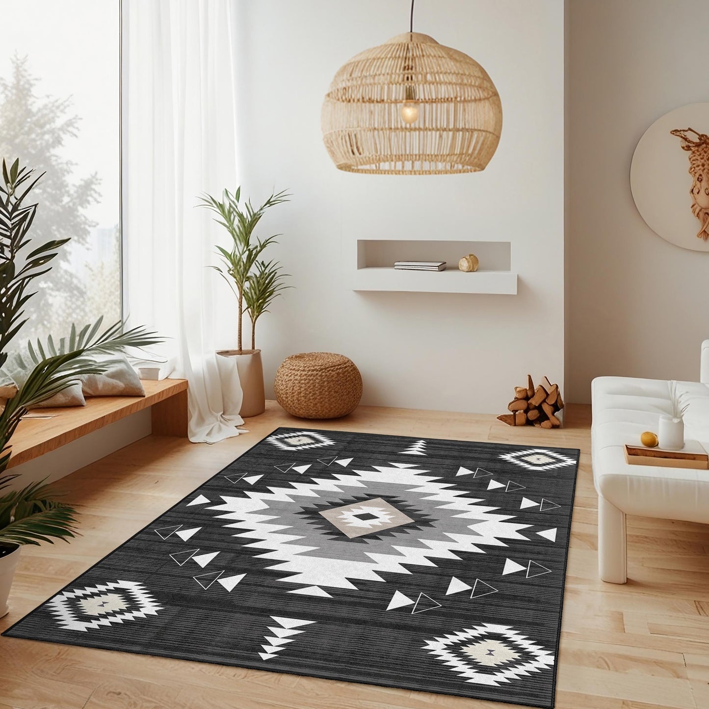 Geometric Patterned Washable Rectangular Area Rug | Modern Black and White Carpet | Stylish Living Room Mat | Boho Chic Home Decor