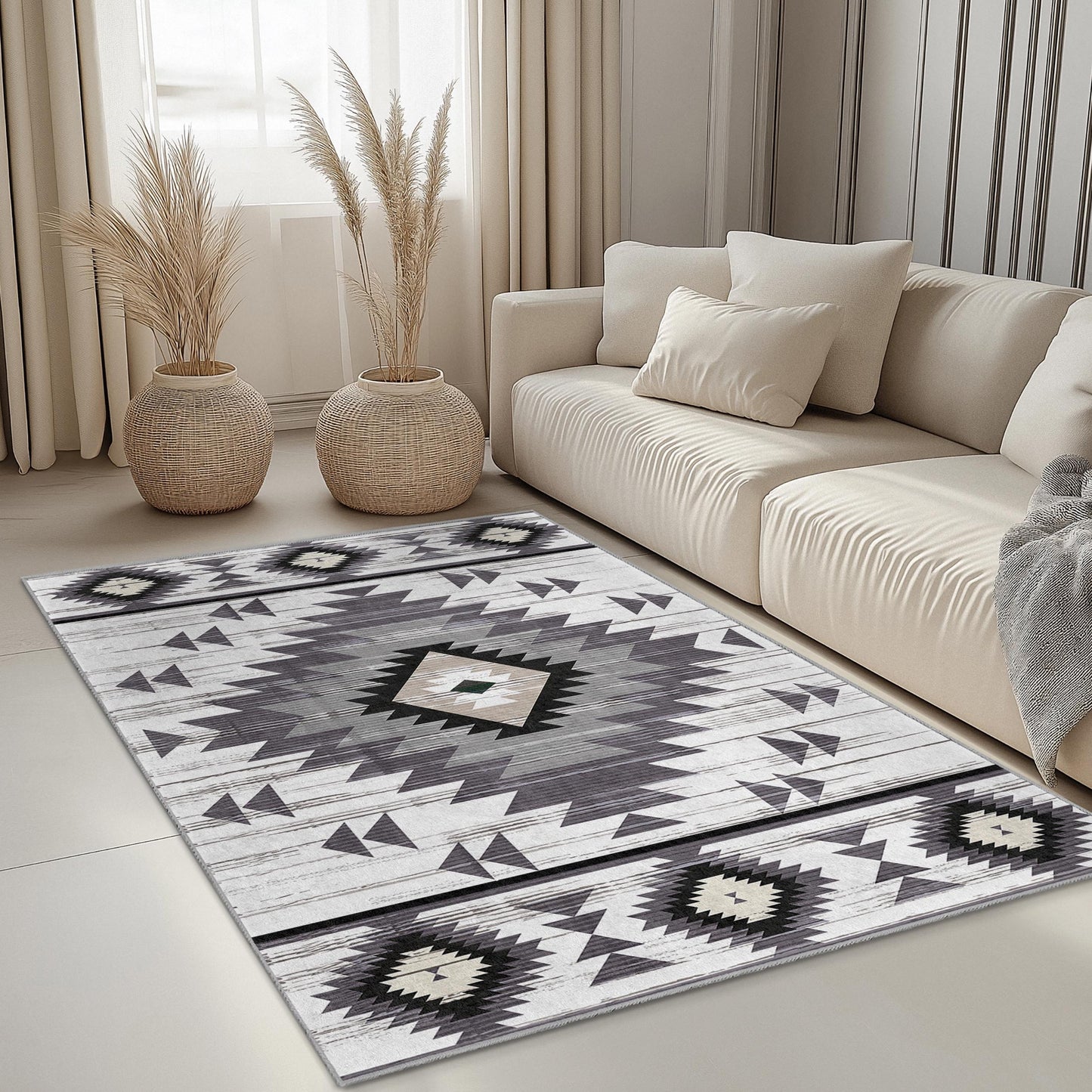 Geometric Tribal Pattern Rectangular Area Rug | Modern Bohemian Home Decor | Soft Cotton Carpet for Living Room