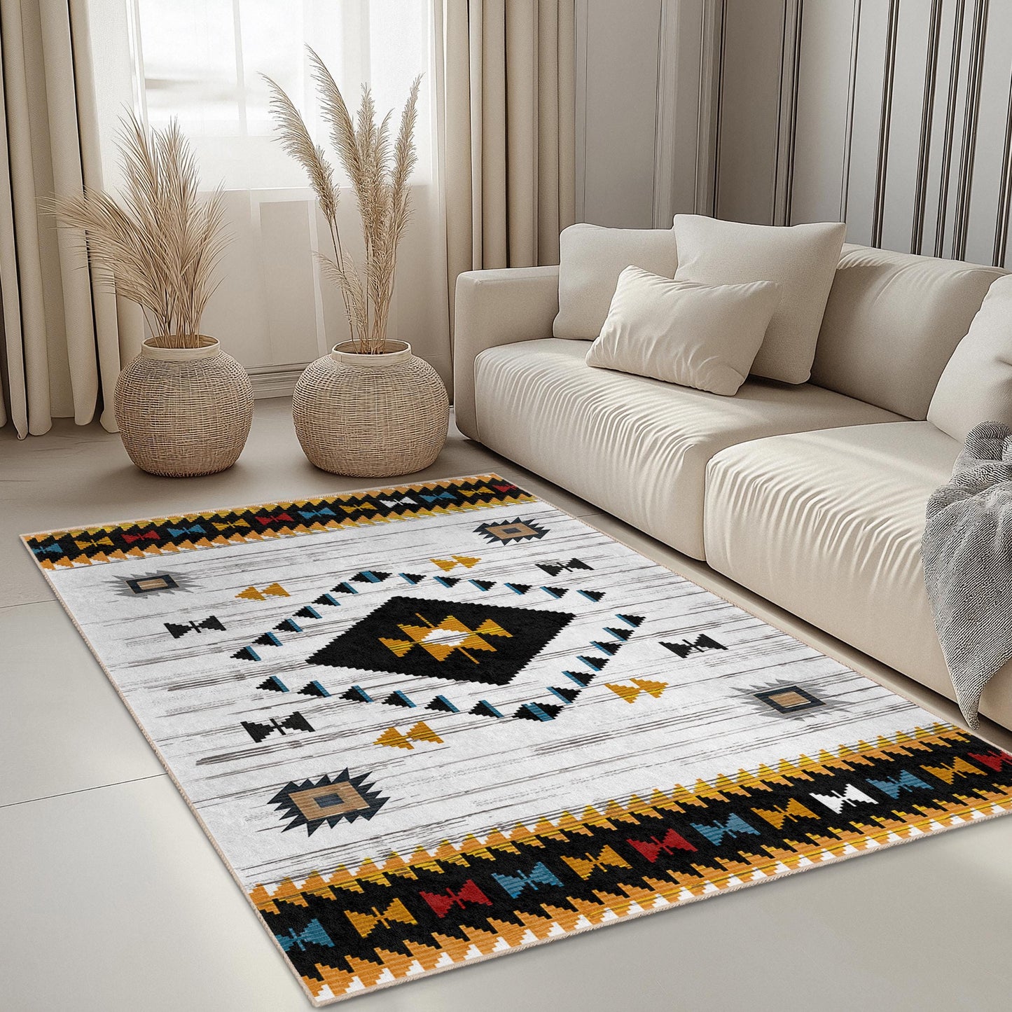 Geometric Patterned Washable Rectangular Area Rug | Modern Tribal Design Carpet | Stylish Living Room Decor | Bohemian Home Accent