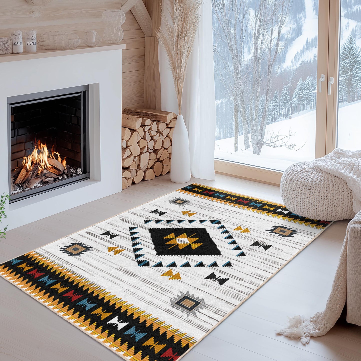 Geometric Patterned Washable Rectangular Area Rug | Modern Tribal Design Carpet | Stylish Living Room Decor | Bohemian Home Accent