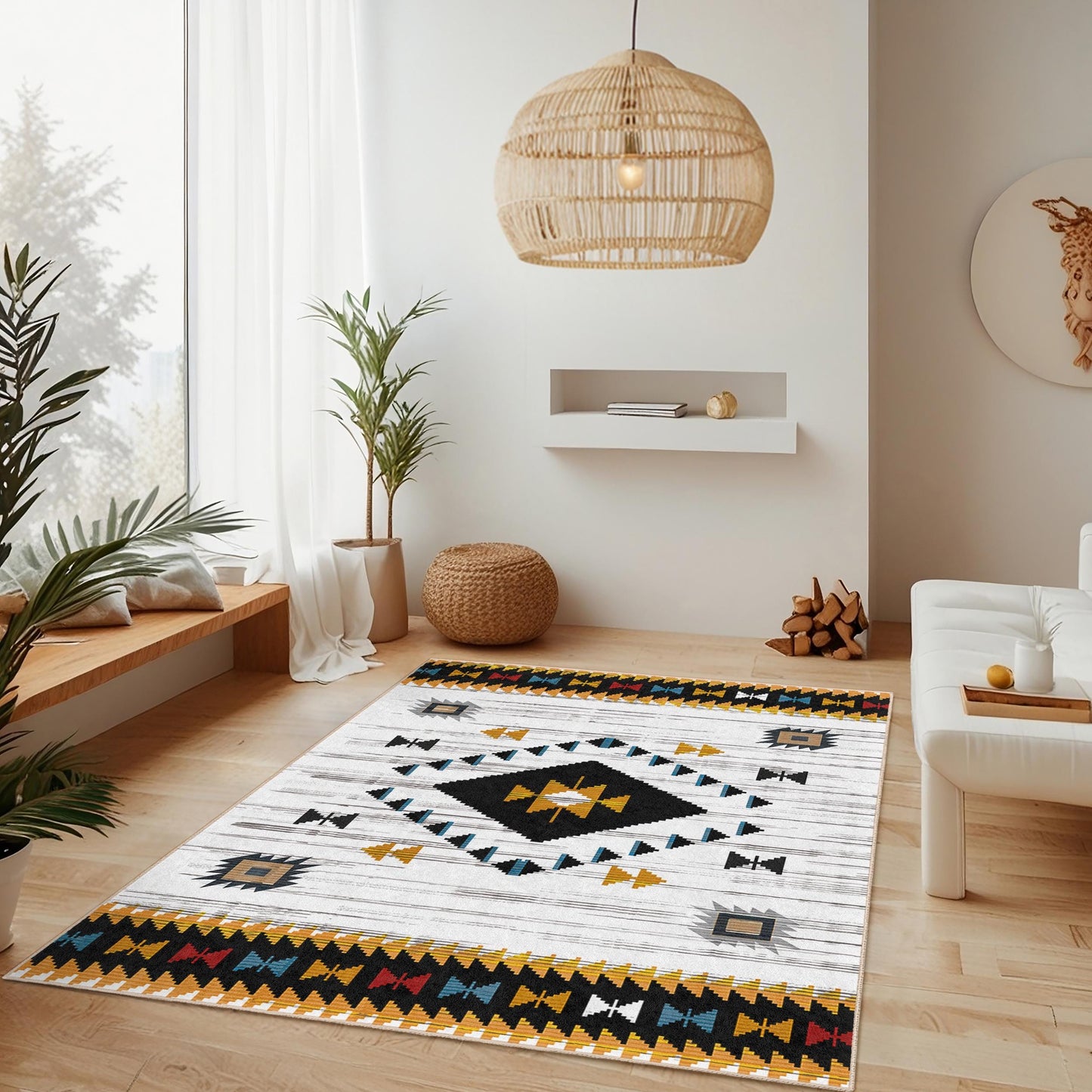 Geometric Patterned Washable Rectangular Area Rug | Modern Tribal Design Carpet | Stylish Living Room Decor | Bohemian Home Accent