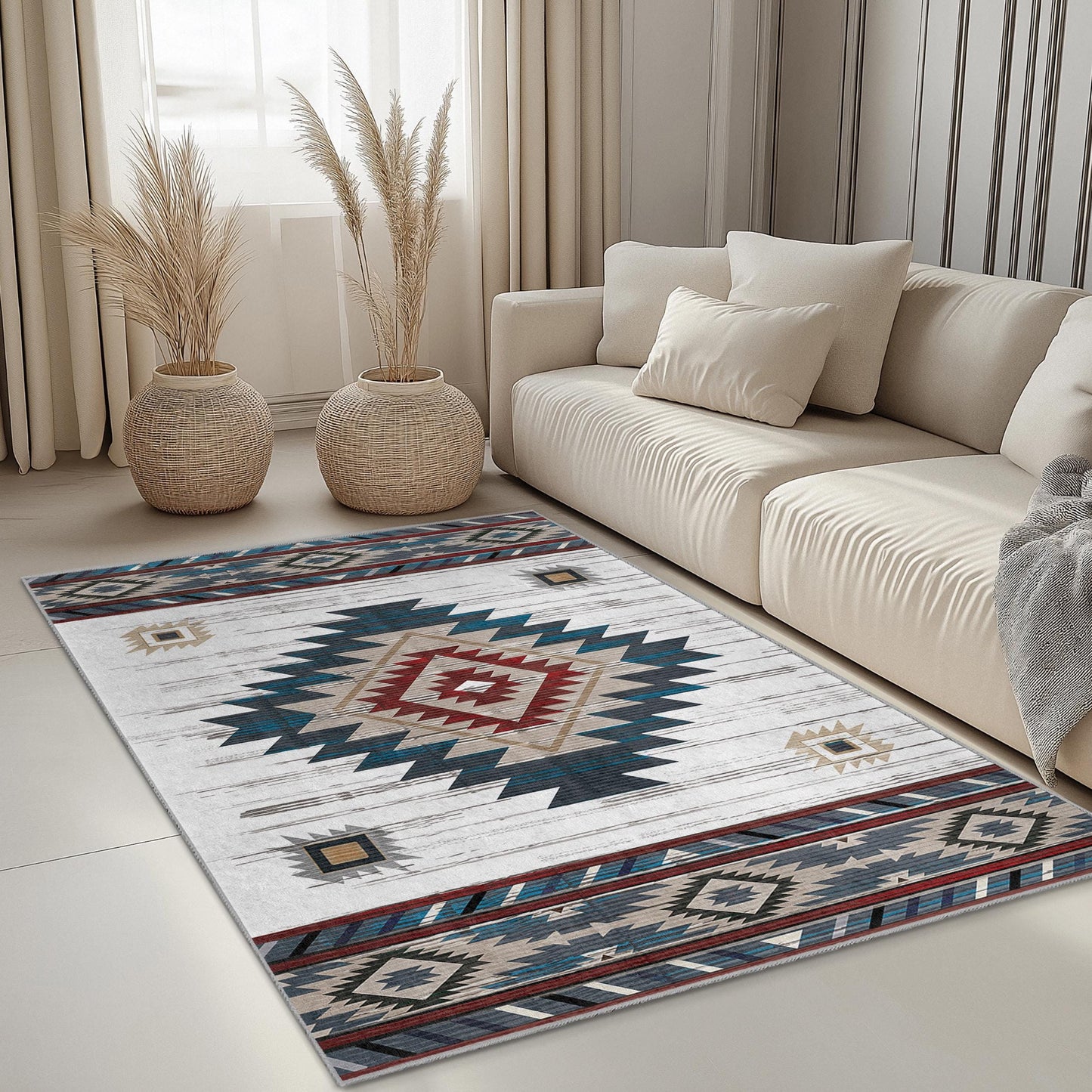 Geometric Patterned Rectangular Area Rug | Southwestern Style Carpet | Modern Living Room Decoration | Bohemian Home Accent