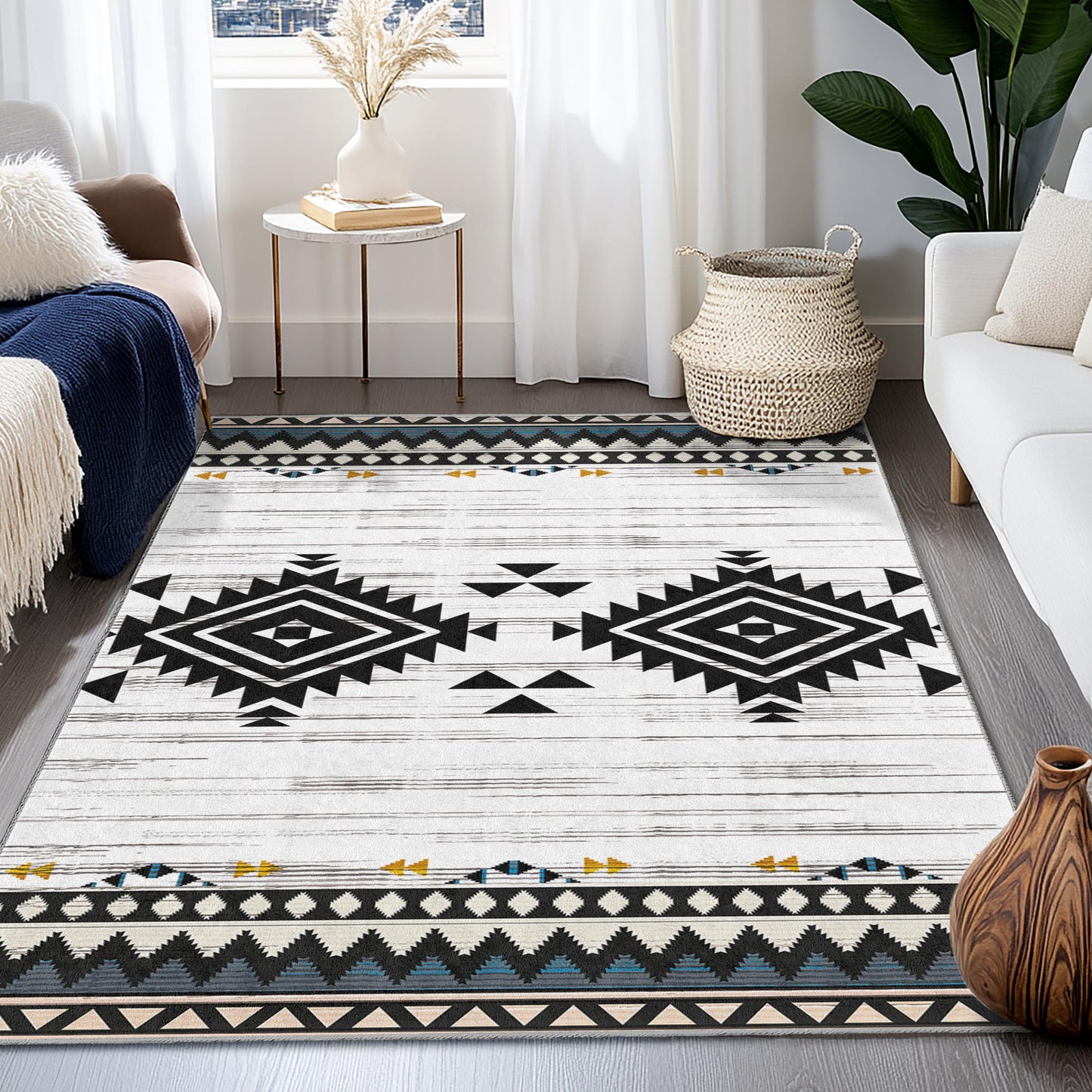Geometric Patterned Rectangular Area Rug | Boho Chic Living Room Carpet | Modern Home Decor | Stylish Black and White Rug