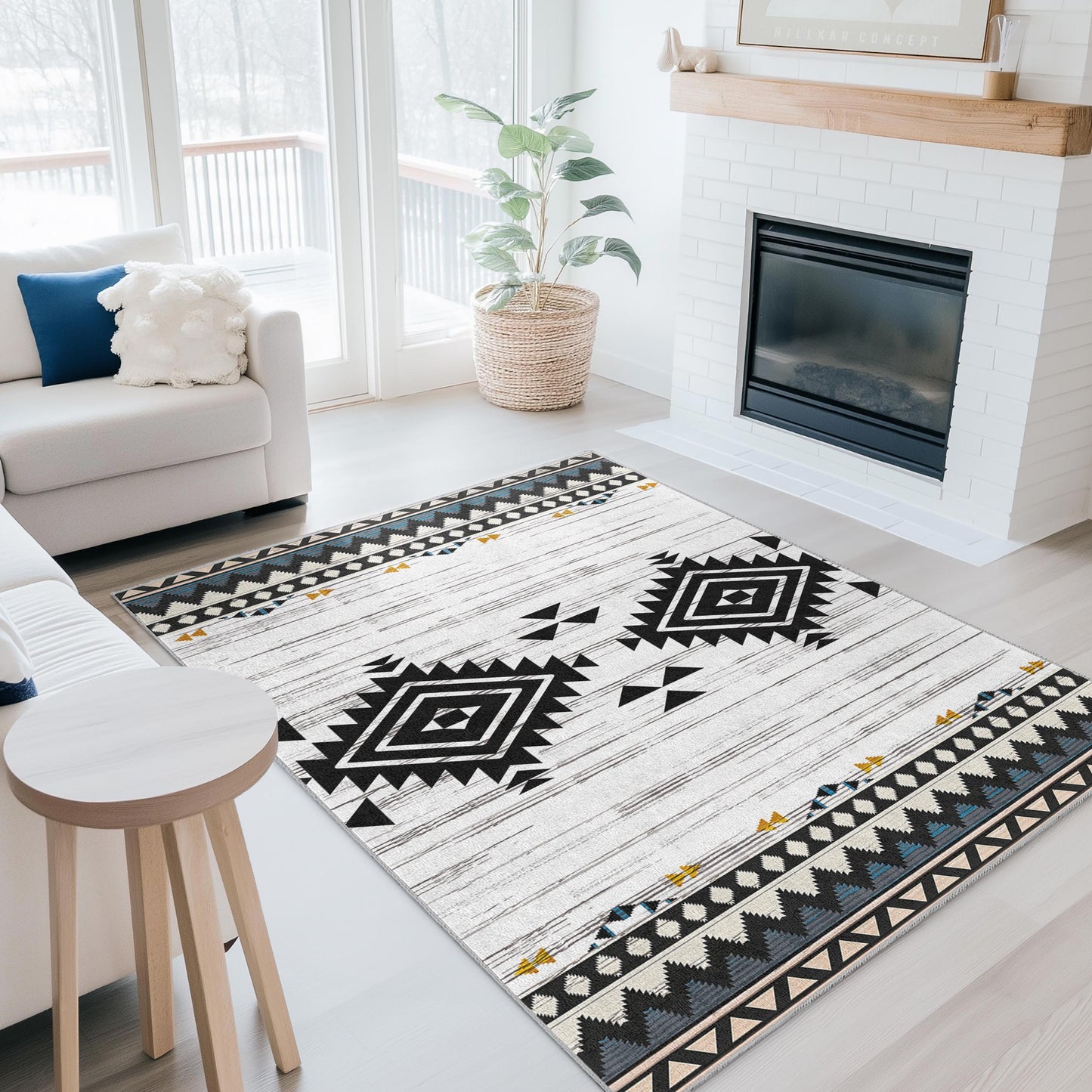 Geometric Patterned Rectangular Area Rug | Boho Chic Living Room Carpet | Modern Home Decor | Stylish Black and White Rug