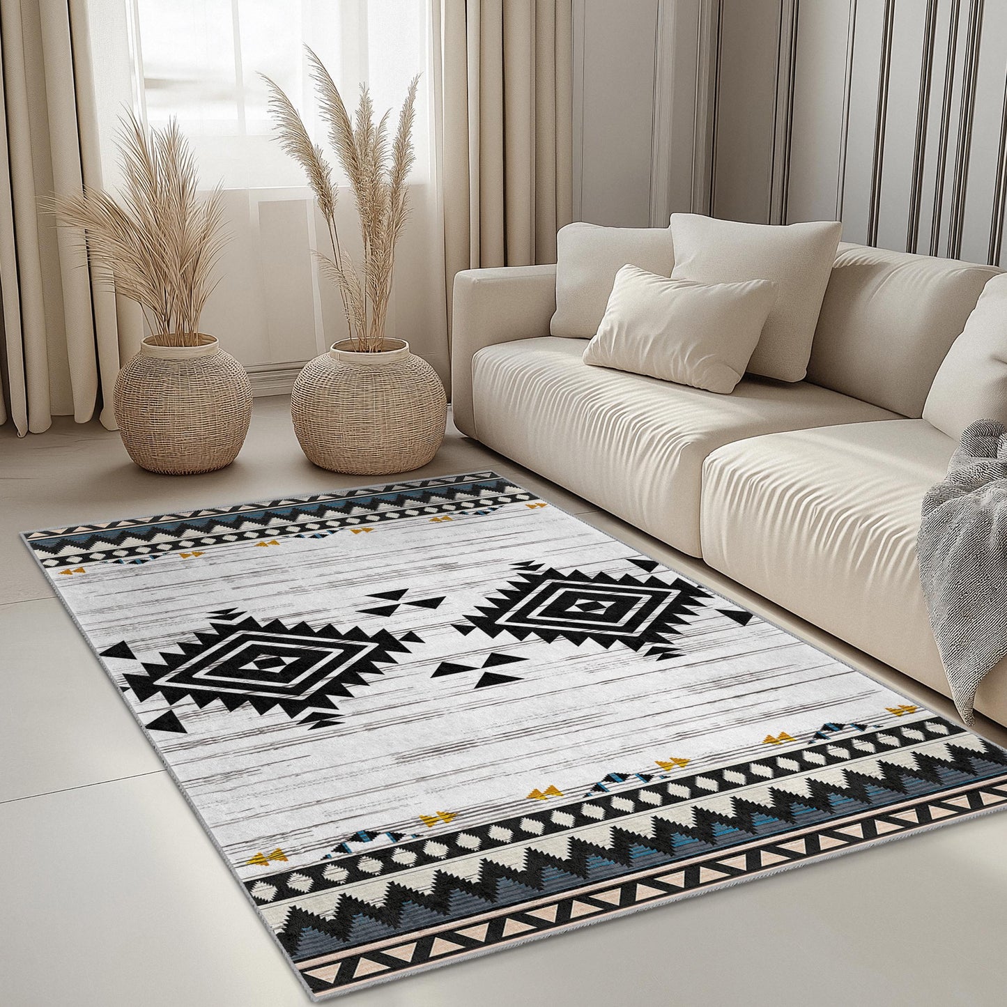 Geometric Patterned Rectangular Area Rug | Boho Chic Living Room Carpet | Modern Home Decor | Stylish Black and White Rug