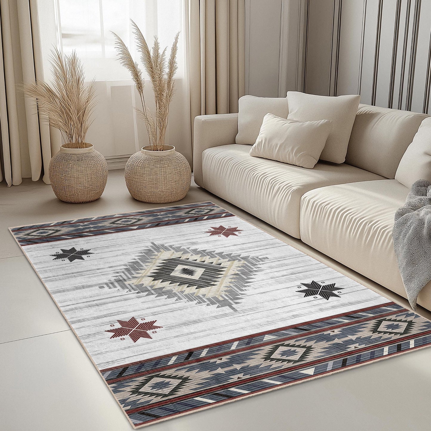 Geometric Patterned Rectangle Area Rug | Southwestern Style Carpet | Boho Chic Living Room Decor | Modern Home Floor Mat