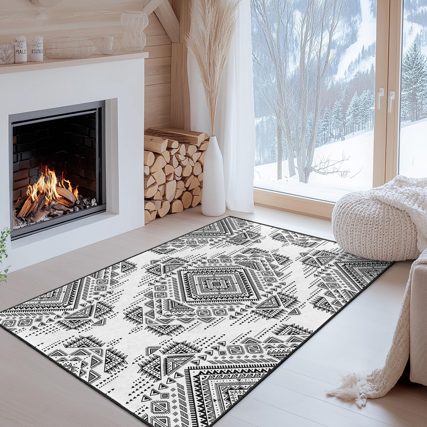 Geometric Black and White Rectangular Rug | Stylish Modern Carpet for Living Room | Elegant Home Decor | Durable Area Mat