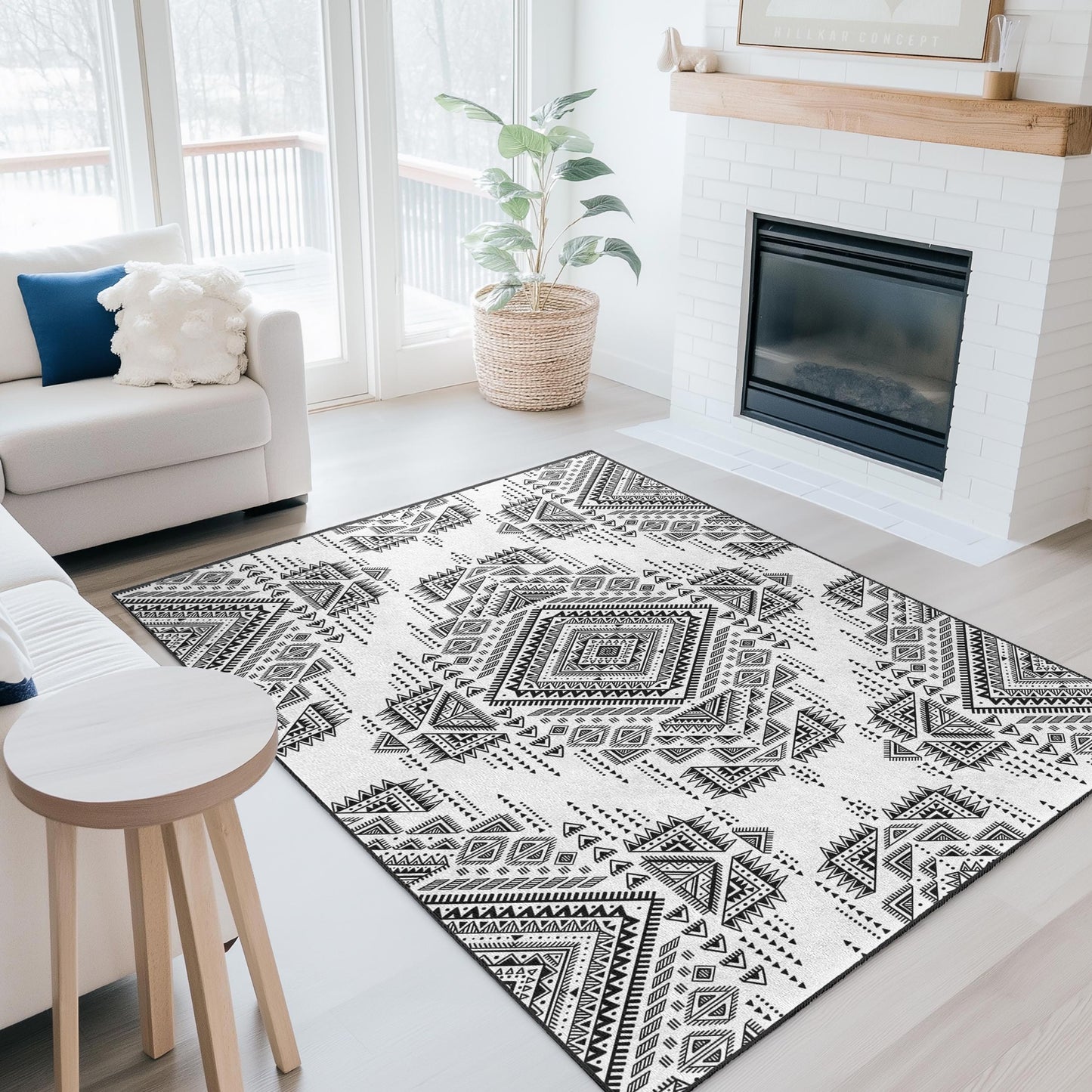 Geometric Black and White Rectangular Rug | Stylish Modern Carpet for Living Room | Elegant Home Decor | Durable Area Mat