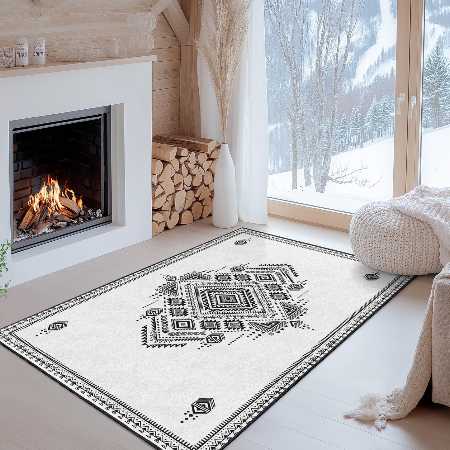 Geometric Black and White Rectangular Rug | Stylish Bohemian Area Carpet | Modern Home Decor | Chic Geometric Floor Mat