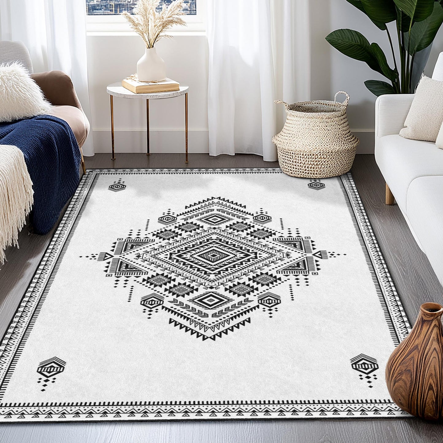 Geometric Black and White Rectangular Rug | Stylish Bohemian Area Carpet | Modern Home Decor | Chic Geometric Floor Mat
