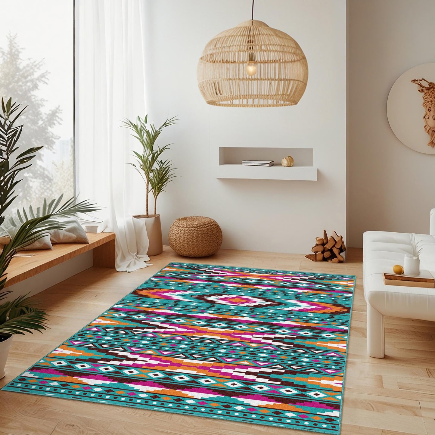 Colorful Geometric Patterned Rectangular Washable Area Rug | Bohemian Chic Home Decor | Vibrant Living Room Carpet | Stylish Tribal Design