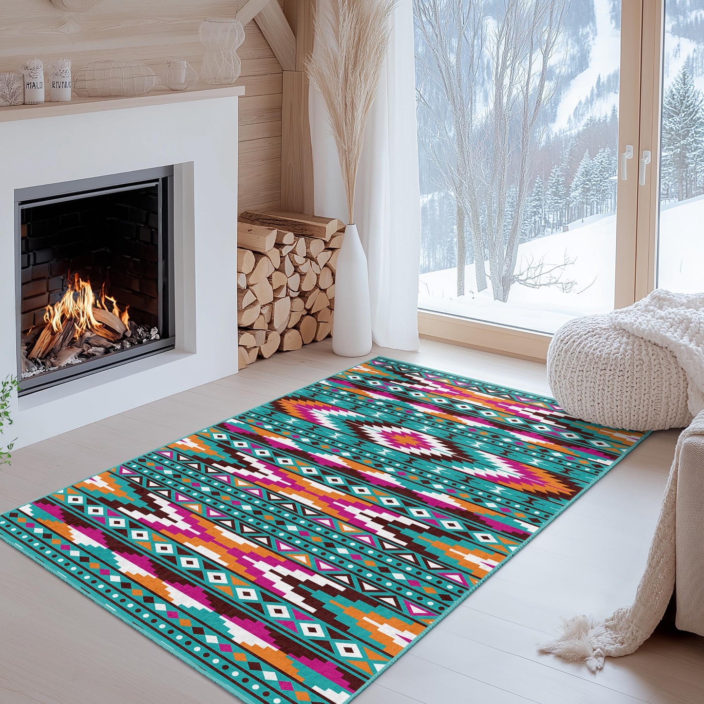 Colorful Geometric Patterned Rectangular Washable Area Rug | Bohemian Chic Home Decor | Vibrant Living Room Carpet | Stylish Tribal Design
