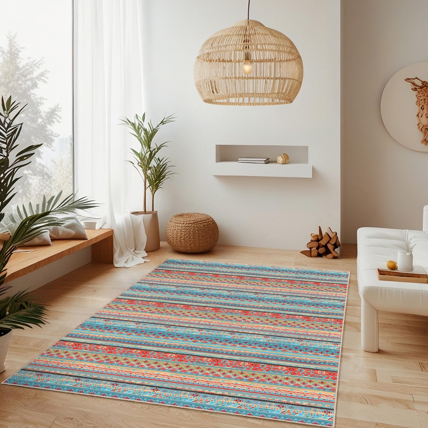Colorful Geometric Pattern Rectangular Rug | Vibrant Bohemian Style Carpet | Modern Living Room Decor | Soft Washable Area Mat