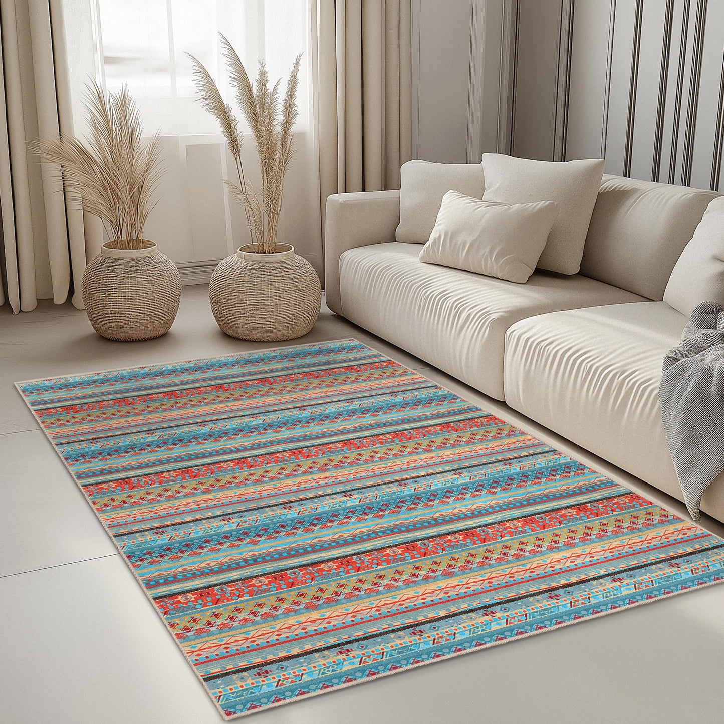 Colorful Geometric Pattern Rectangular Rug | Vibrant Bohemian Style Carpet | Modern Living Room Decor | Soft Washable Area Mat