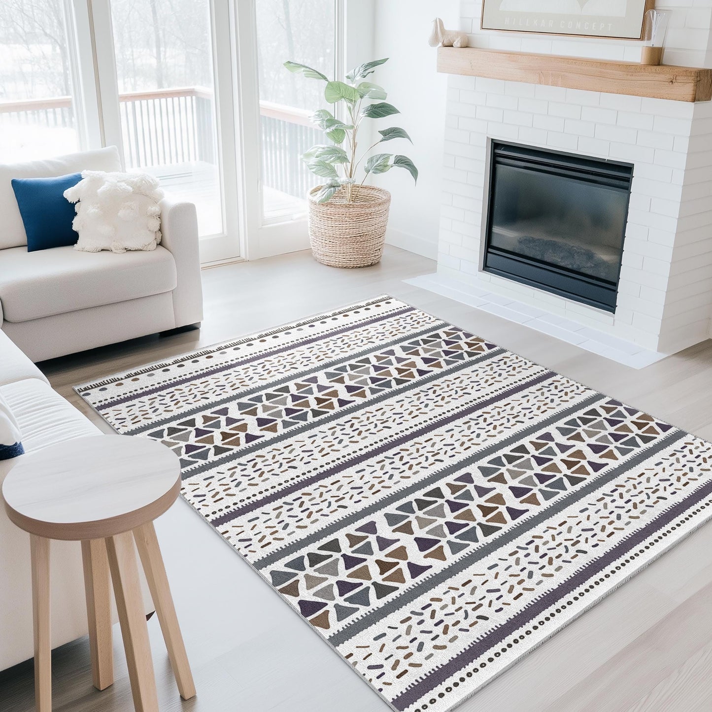 Geometric Patterned Rectangular Washable Rug | Stylish Cotton Carpet for Home Decor | Modern Area Rug | Elegant Living Room Mat