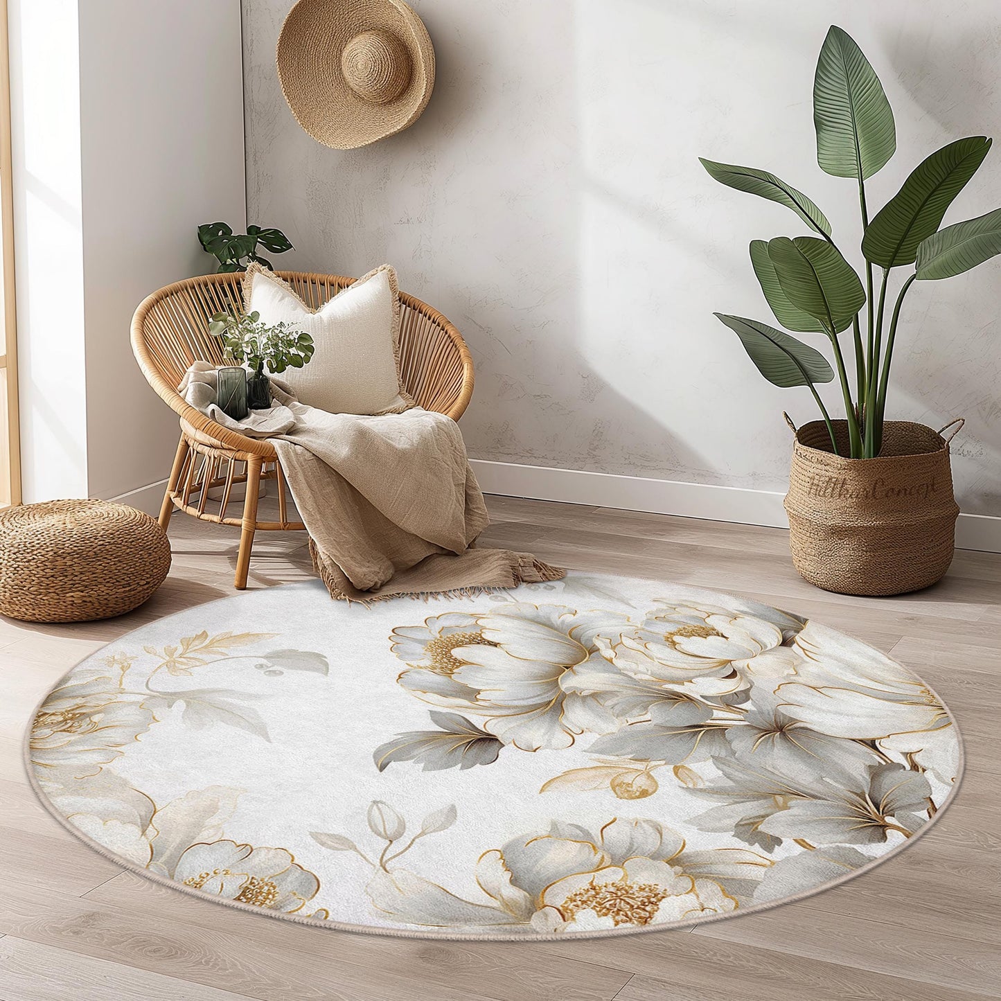 Elegant Floral Round Area Rug, White Peony Design, Soft Round Carpet for Living Room, Bedroom, Home Decor