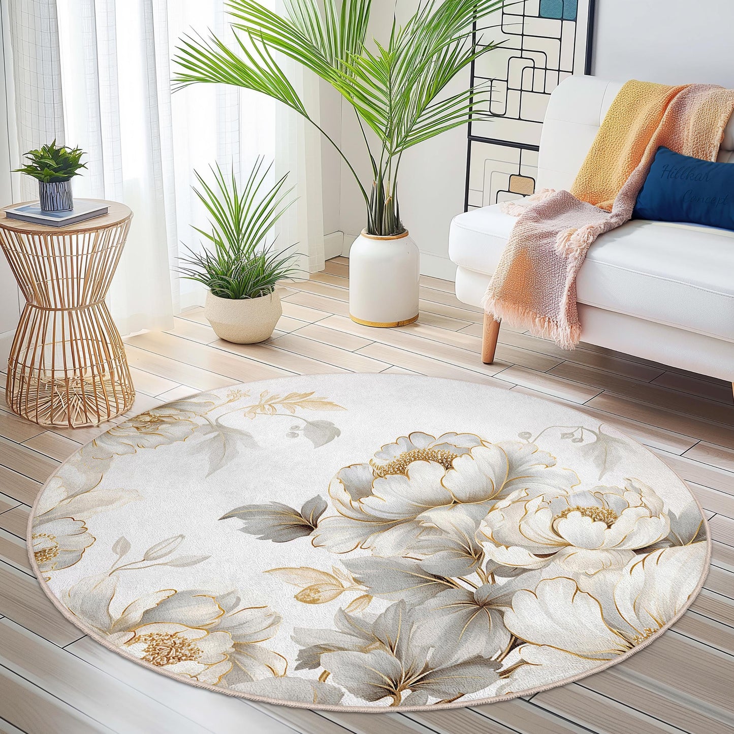 Elegant Floral Round Area Rug, White Peony Design, Soft Round Carpet for Living Room, Bedroom, Home Decor