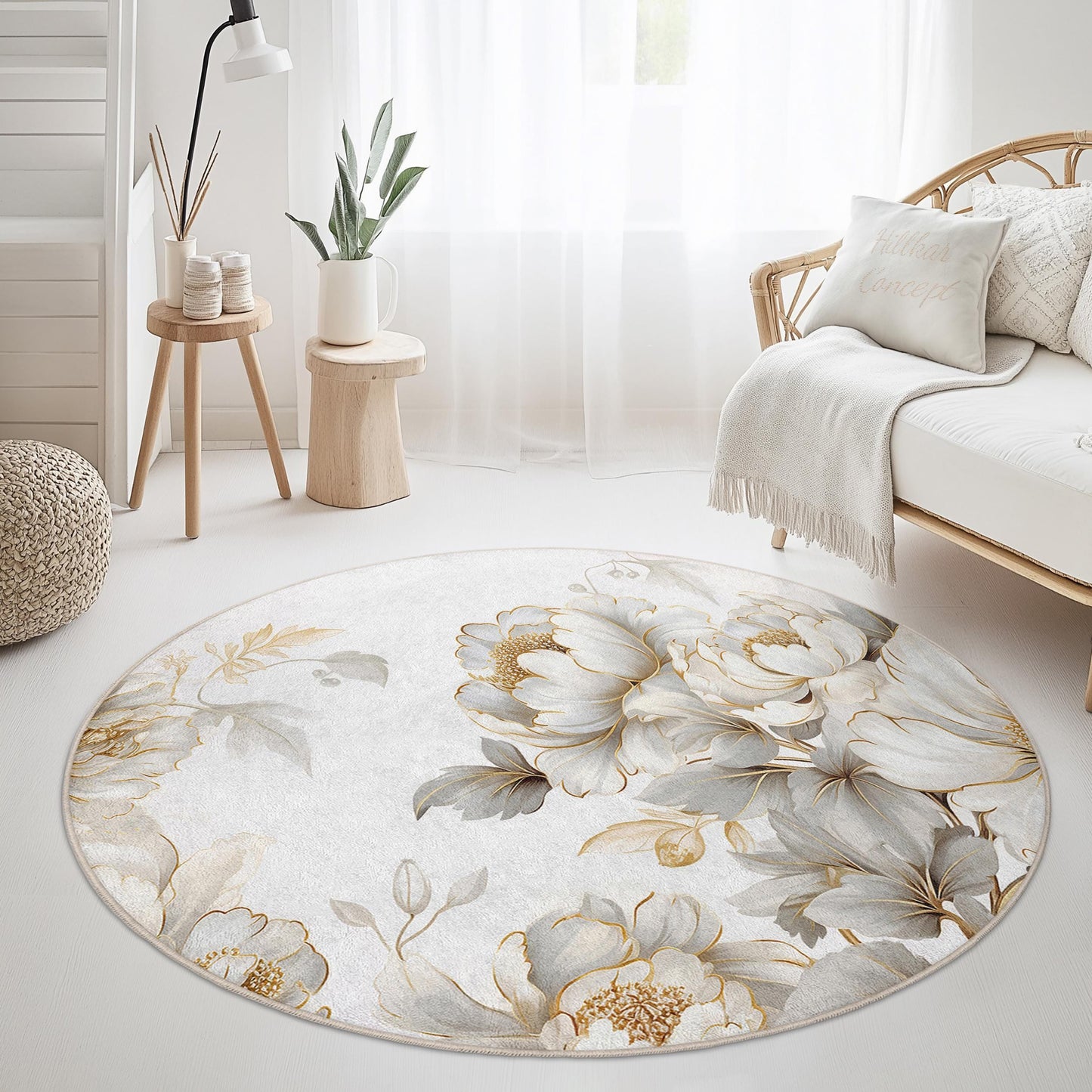 Elegant Floral Round Area Rug, White Peony Design, Soft Round Carpet for Living Room, Bedroom, Home Decor
