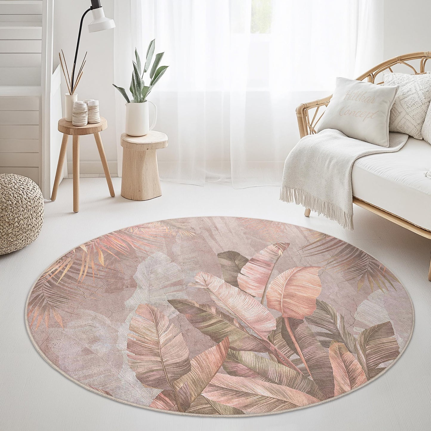 Tropical Leaves Round Area Rug, Bohemian Round Carpet for Living Room, Soft Round Rug for Bedroom, Elegant Round Home Decor