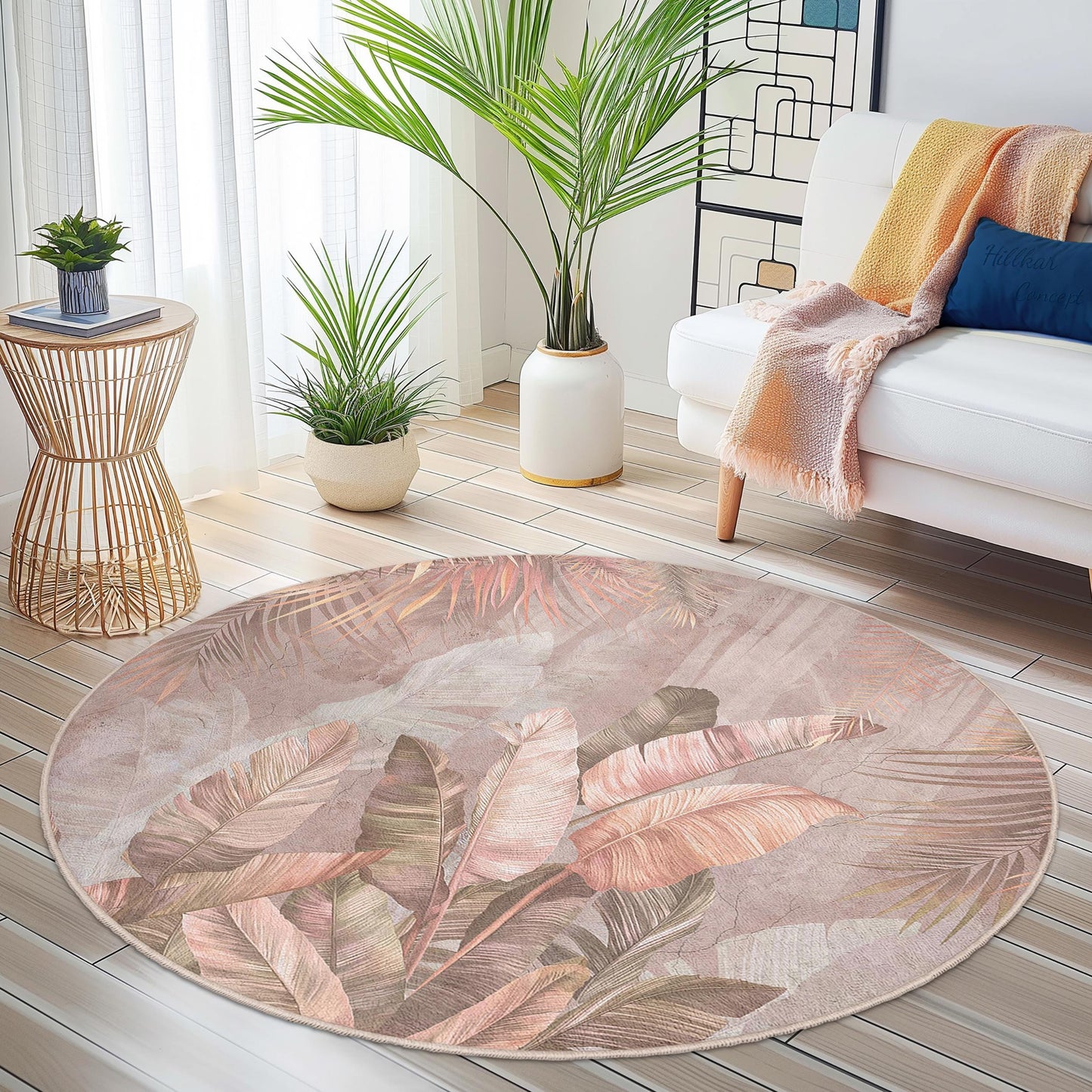 Tropical Leaves Round Area Rug, Bohemian Round Carpet for Living Room, Soft Round Rug for Bedroom, Elegant Round Home Decor