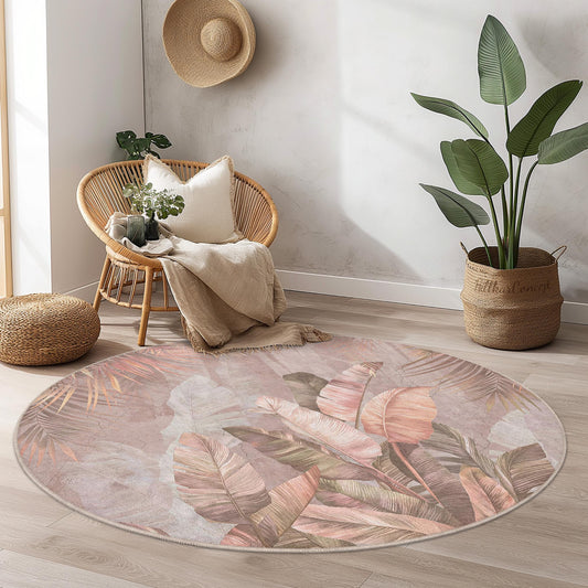 Tropical Leaves Round Area Rug, Bohemian Round Carpet for Living Room, Soft Round Rug for Bedroom, Elegant Round Home Decor