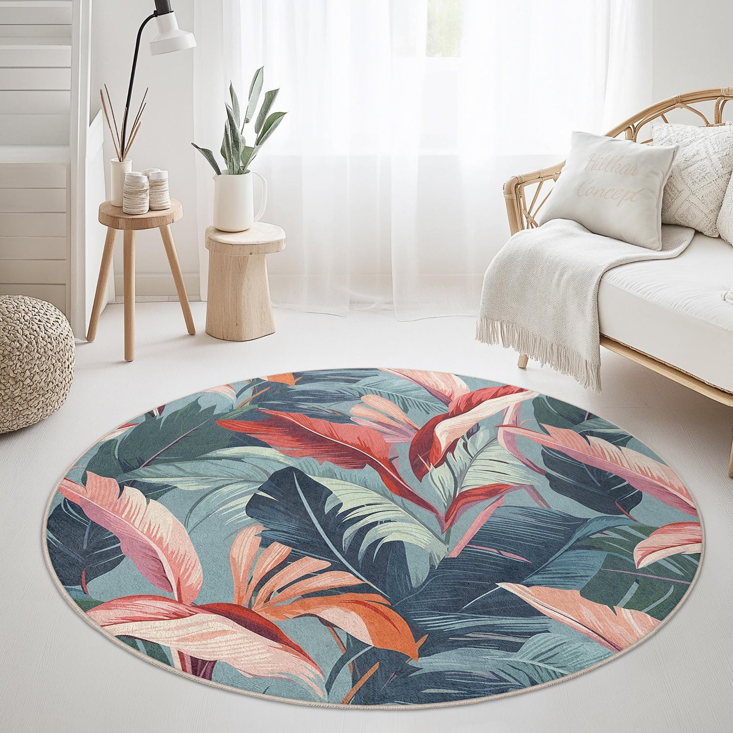 Tropical Leaf Round Area Rug, Botanical Pattern Round Rug, Floral Decor for Living Room, Soft Round Carpet for Kids Room