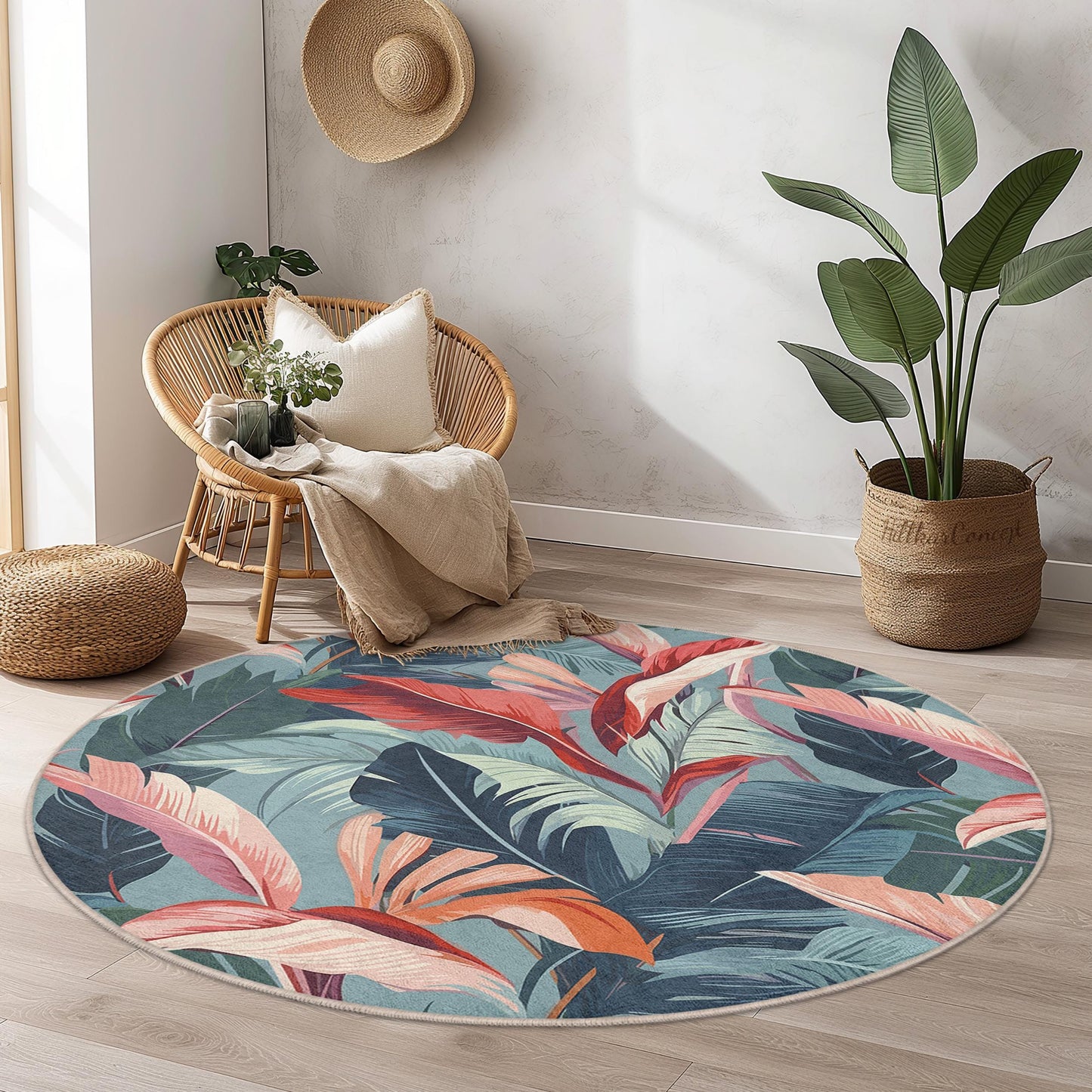 Tropical Leaf Round Area Rug, Botanical Pattern Round Rug, Floral Decor for Living Room, Soft Round Carpet for Kids Room